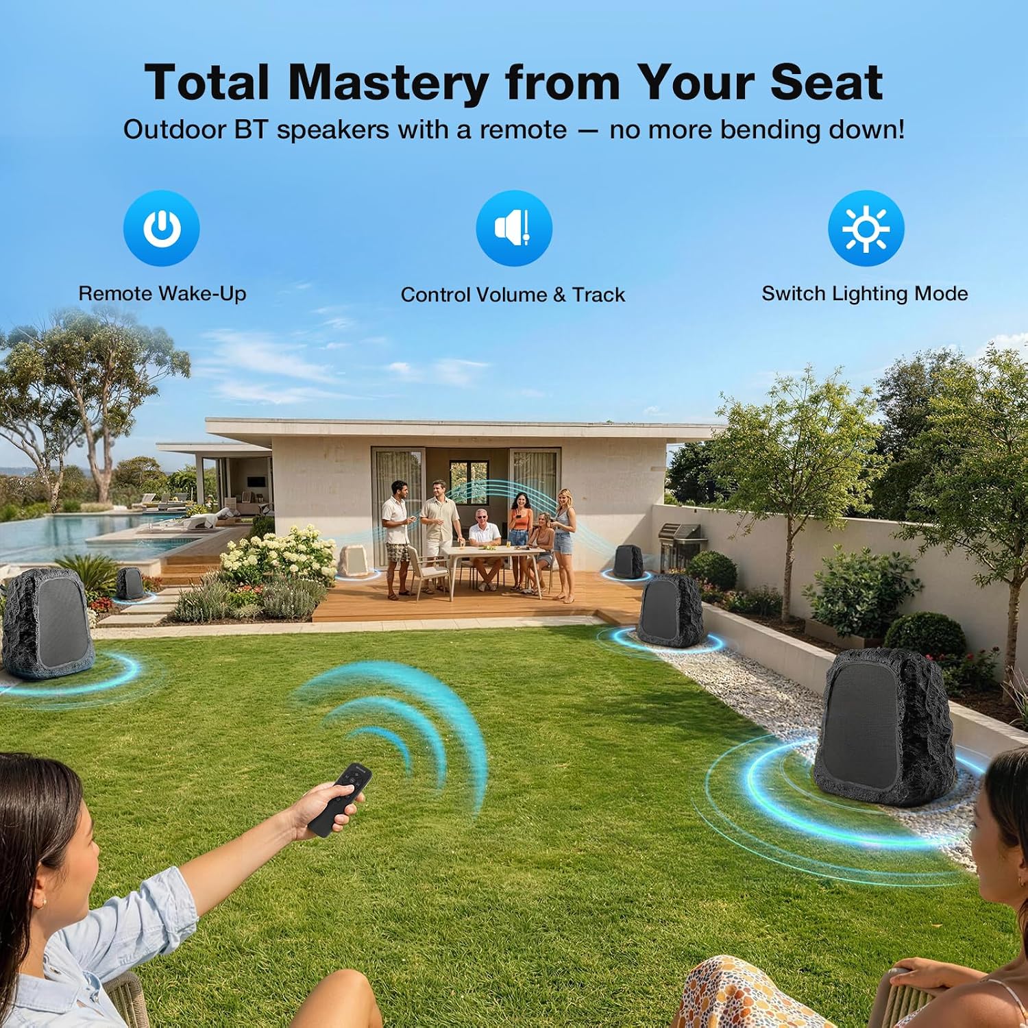 BlitzRock 2026 Upgraded Outdoor Rock Speakers 30W(60W Paired) Hi-Fi Sound, Multi-Sync up to 100Pcs, Remote Control, Waterproof Solar-Powered for Patio Garden Backyard Pool Party, 1 Pack