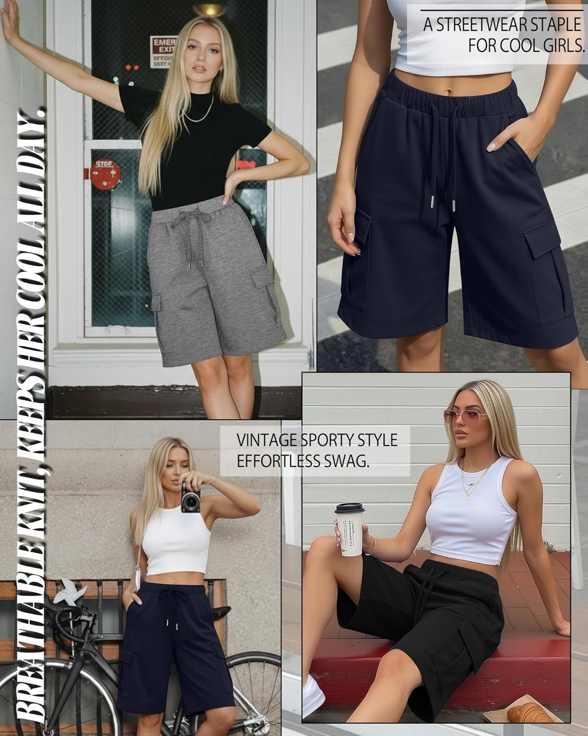3 Pack Women's Bermuda Shorts Cargo Wide Leg Knee Length Sweat Shorts Lounge Athletic Drawstring Short with Pocket