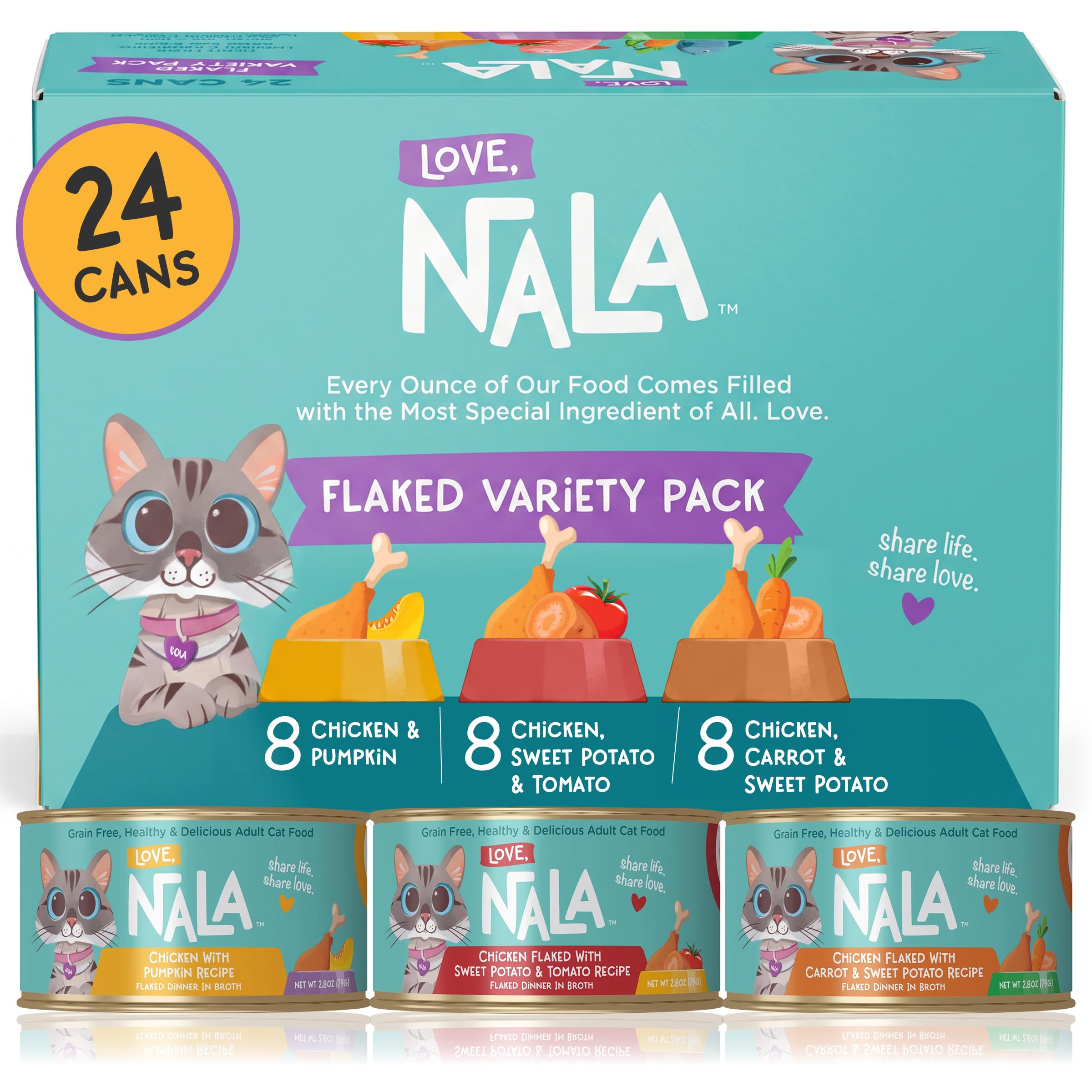 LOVE, NALA - FLAKED Chicken Variety Pack - 24 Pack - Natural Adult Cat Wet Food - Grain Free, Non-GMO, Lean Protein, Omega 3, Digestive Fiber, Added Minerals & Vitamins