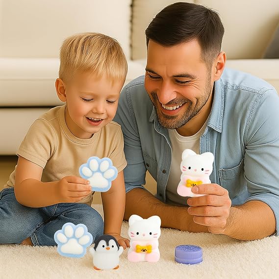 SSKHE 4 Pcs Taba Squishy Set – Purple Sandwich Biscuit + Blue Cat Paw + Black & White Penguin + White Kitten | Squeezeable Fidget Toys for Stress Relief | for Party Favors & Daily Anxiety Relie