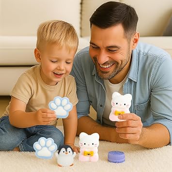 SSKHE 4 Pcs Taba Squishy Set – Purple Sandwich Biscuit + Blue Cat Paw + Black & White Penguin + White Kitten | Squeezeable Fidget Toys for Stress Relief | for Party Favors & Daily Anxiety Relie