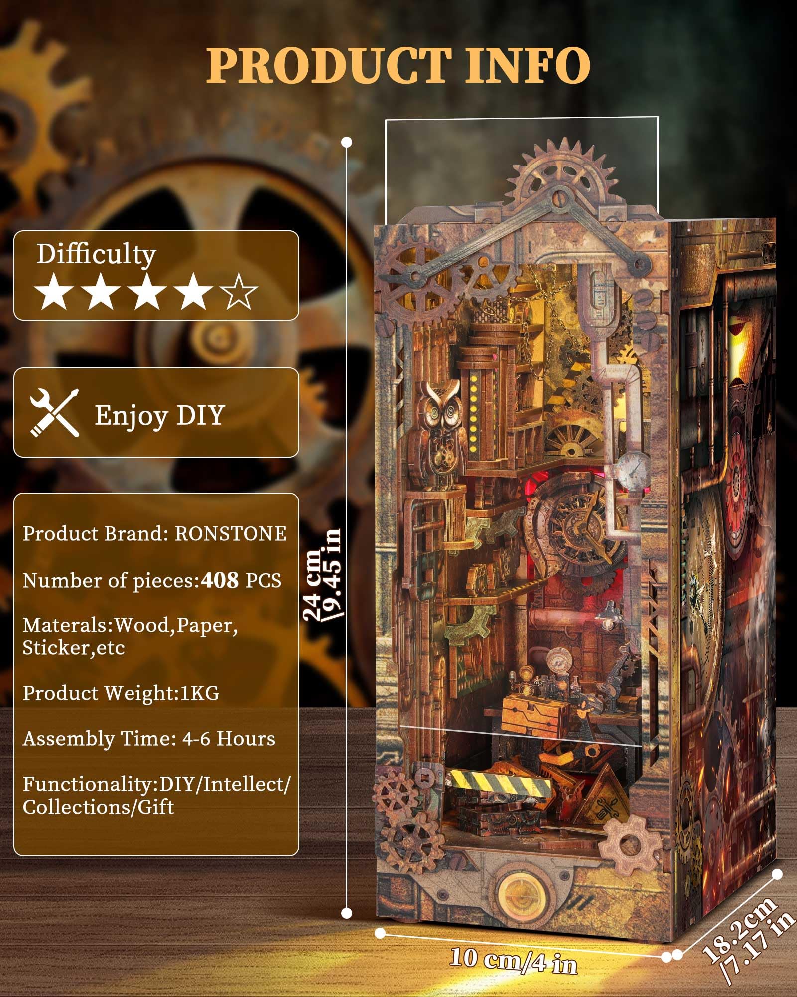 RONSTONE Book Nook - DIY Booknook Casa Delle Bambole in Miniatura con Coperchio Antipolvere - Inserto per Libreria con Luce a Led - Puzzle in Legno 3D STEAMPUNK Regalo per Adulti