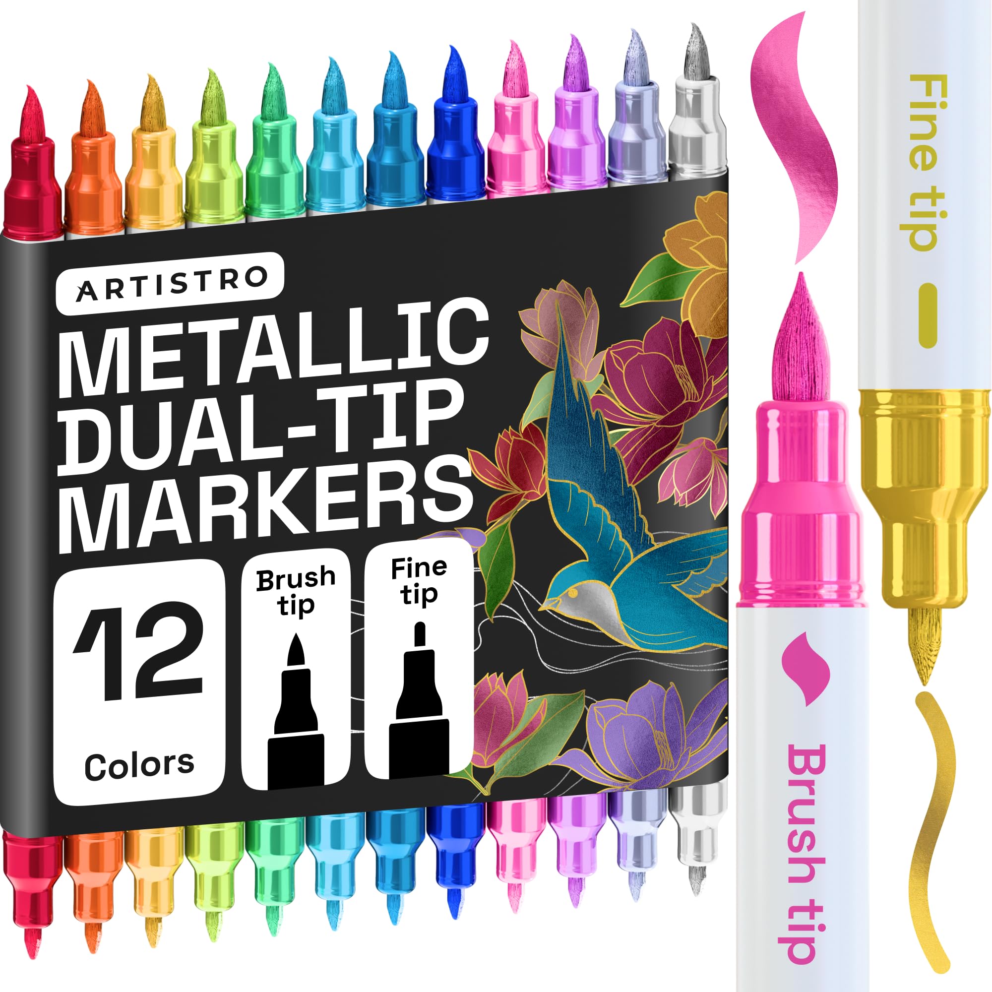 ARTISTRO 12 Metallic Dual-Tip Acrylic Paint Marker Pens for Drawing
