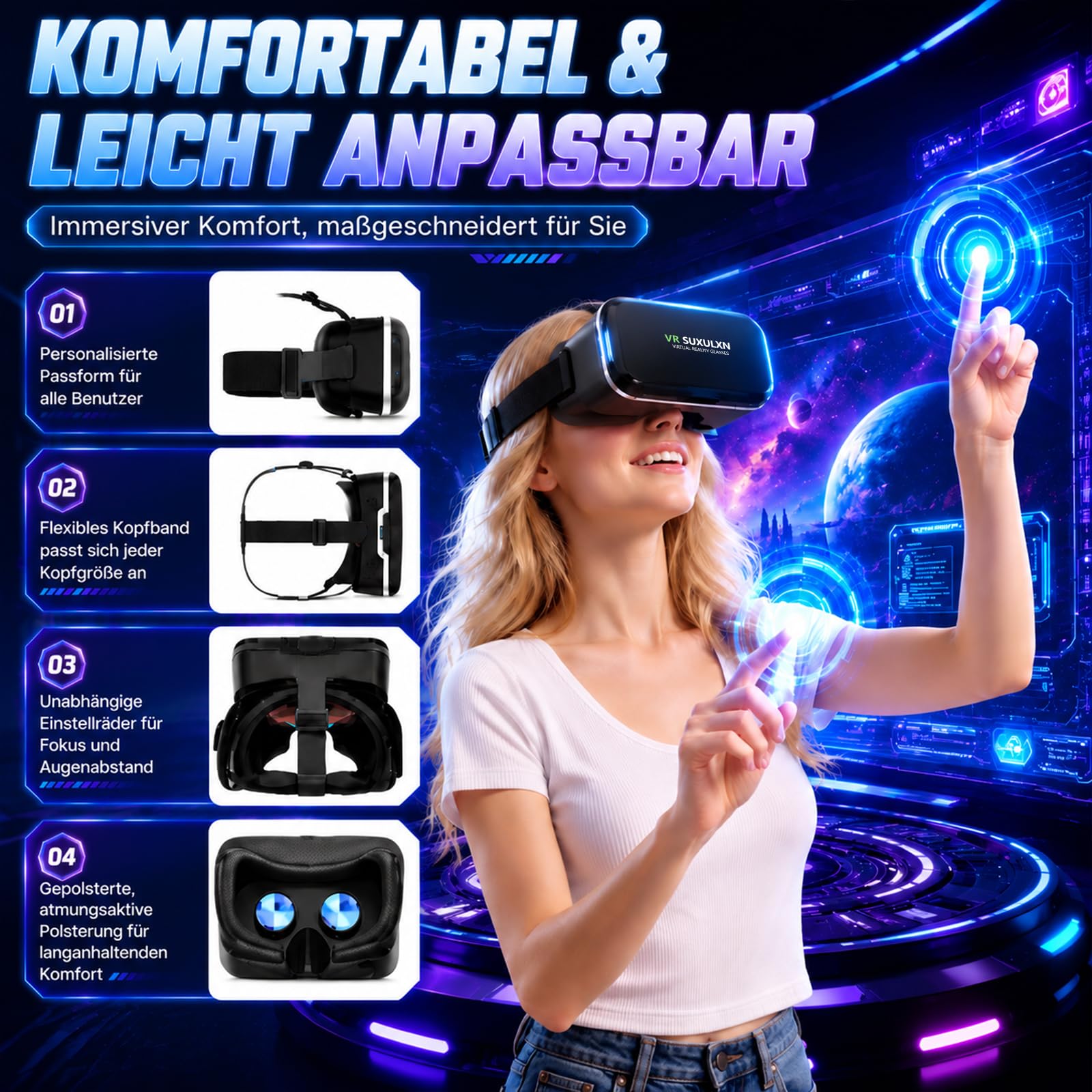 VR Brille Handy, Anfänger 3D Virtual Reality Headset für iPhone & Android 4,7-6,8 Zoll, HD Anti-Blaulicht-Linsen, IPD/Objektabstand einstellbar, ergonomisch für Spiele Filme Kinder 8-16 Jahre