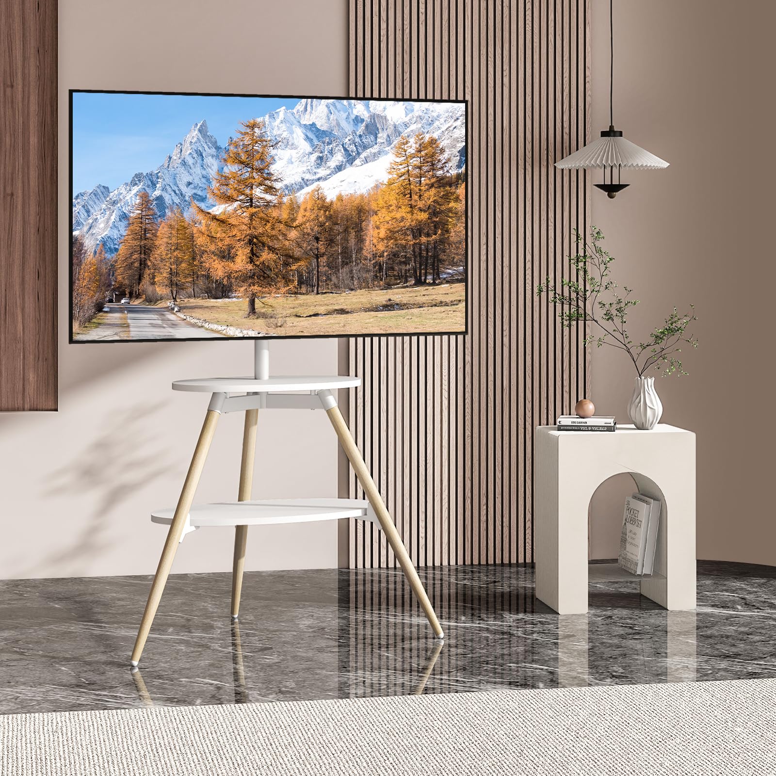 5Rcom Support TV sur trépied avec 2 étagères, pivotant et réglable en hauteur, support TV au sol en bois pour écran LED LCD OLED de 32 à 65 pouces, VESA max 400x400mm, charge max 40kg, blanc