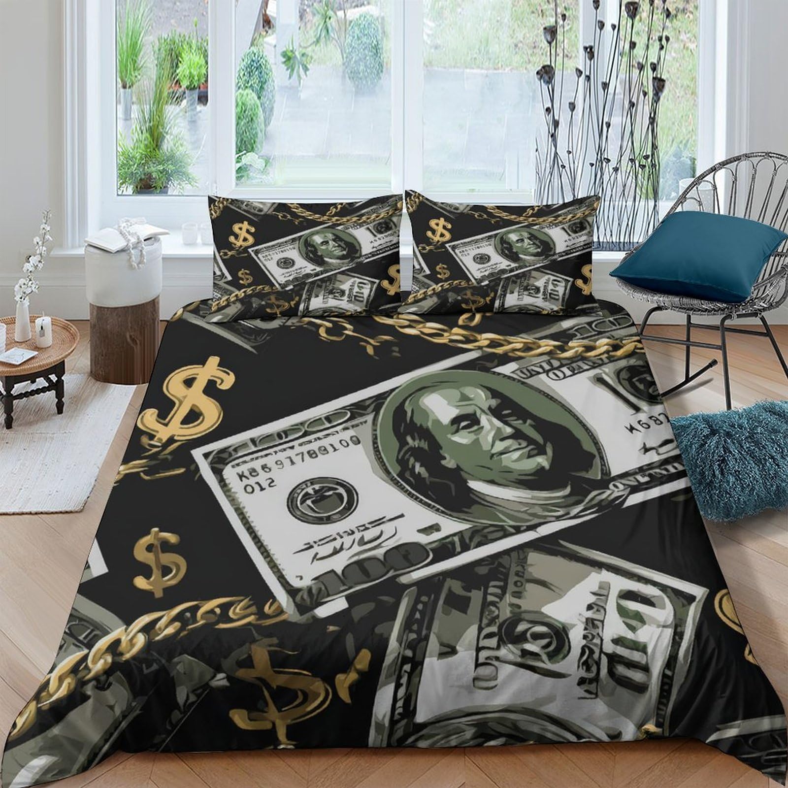 Ctjqhvkz Style-4 3D Printed Dollar Money Fitted Sheet Microfiber Soft Black Gold Banknote Bed Cover For Bedroom Dorm Mattress Decor Single（135X200cm）