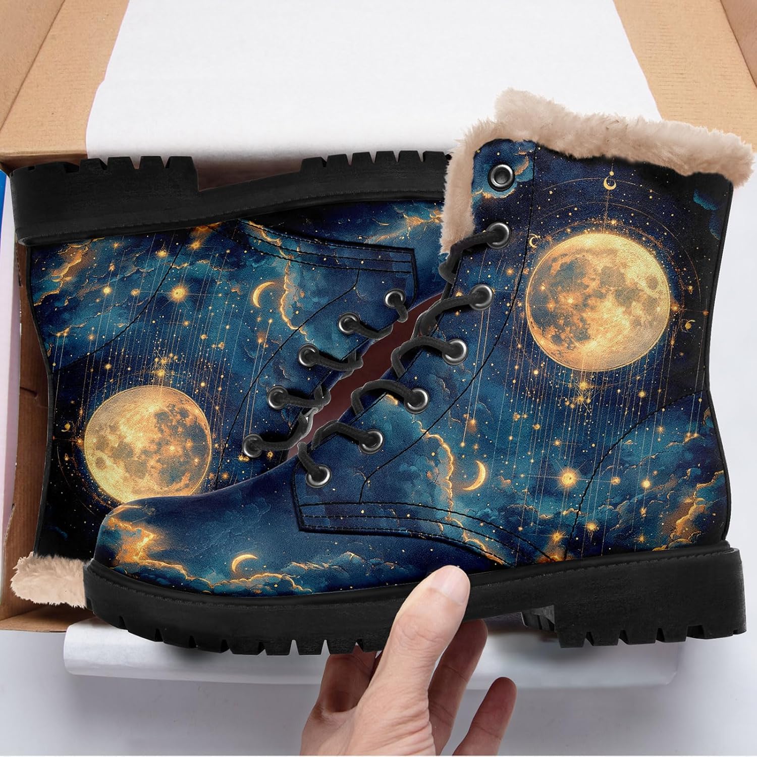 Women's Sun and Moon Winter Boots Celestial Faux Leather Ankle Boots Warm Fur Lining Non-Slip Boho Lace-Up Snow Booties - Image 2