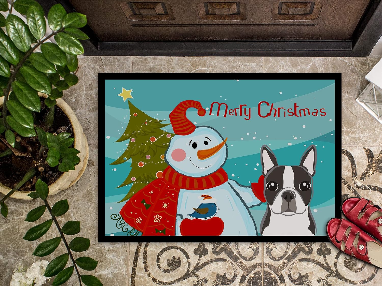 Caroline's Treasures BB1823JMAT Snowman with Boston Terrier Doormat 24x36 Front Door Mat Indoor Outdoor Rugs for Entryway, Non Slip Washable Low Pile, 24H X 36W