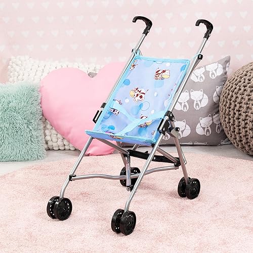 Miniatura 5 de Bayer Cochecito paraguas Buggy - Azul y vacas, accesorio para muñecas de hasta 18 pulgadas, plegable, diseño divertido, cinturón de seguridad,