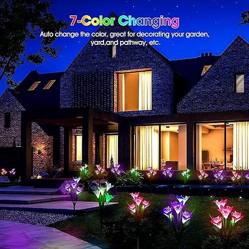 Miniatura 3 de ANGMLN Paquete de 6 luces solares de flores para jardín, estaca de jardín al aire libre, 24 cabezas, lirio, 7 lámparas de camino que cambian de
