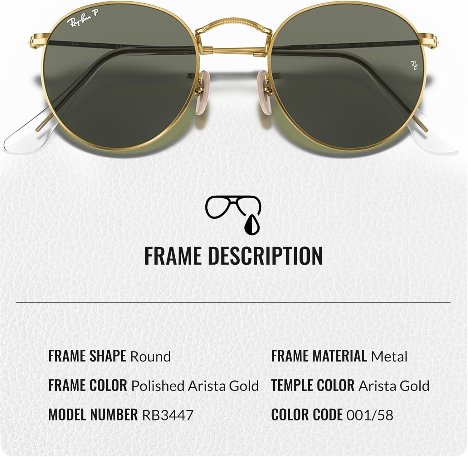 Ray-Ban RB3447 ROUND METAL Round Shaped Sunglasses for Men & Women with Official Eyewear Kit Polished Arista Gold Frame |Polarized G-15 Green Lens 50 Millimeters image 3 of 7 B0D4852L36