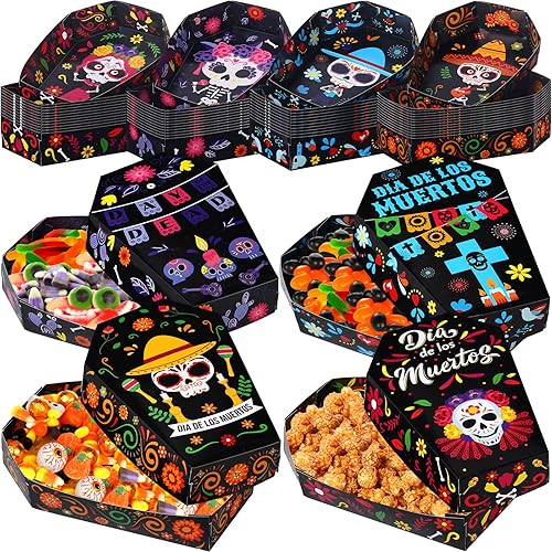 48 bandejas de papel del Día de los Muertos Dia DE Los Muertos, cajas de golosinas de ataúd para fiesta mexicana, cesta de servir calavera de azúcar