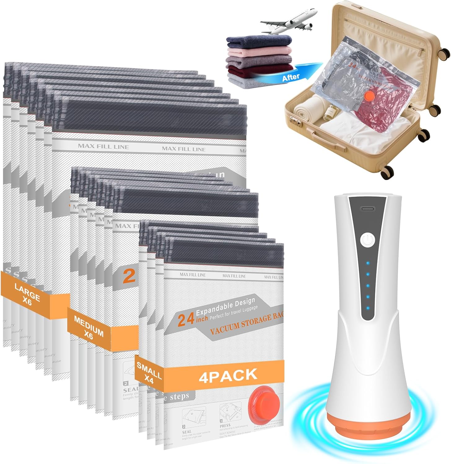 Vacuum Storage Bags for Travel with Rechargeable Air Pump - 16 Pack Vacuum Seal Bags for Clothing Space Saver, Compression Packing Bags for Suitcase Luggage, Blankets, Bedding, Seasonal Storage