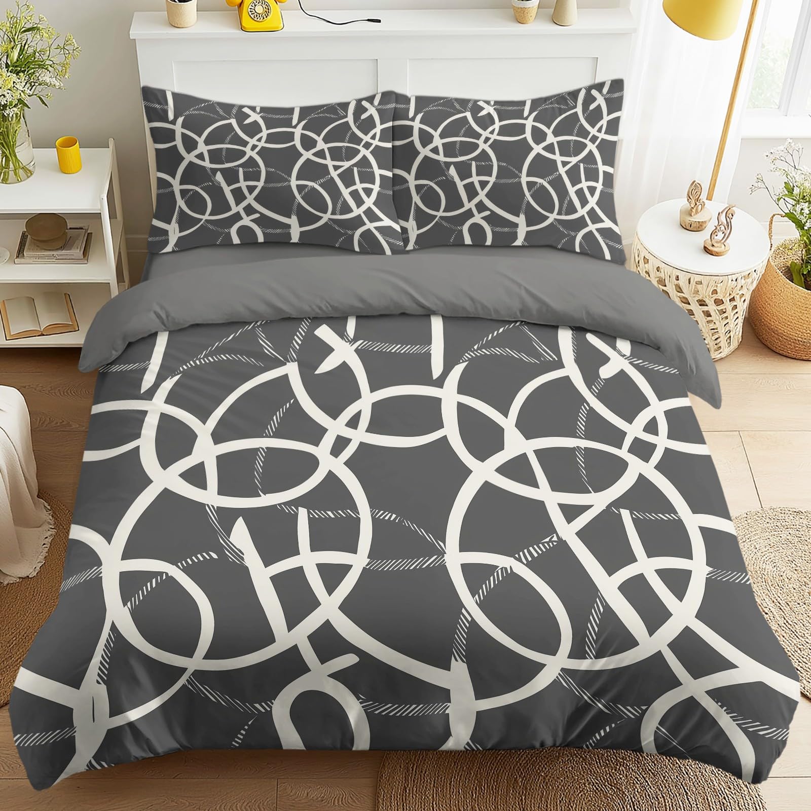 Nowoczesna minimalistyczna poszwa na kołdrę 4 sztuki geometryczne koła, zestaw pościeli z mikrofibry szary zestaw pościeli z 2 poszewkami na poduszki i 1 prześcieradłem z gumką 140 x 200 cm