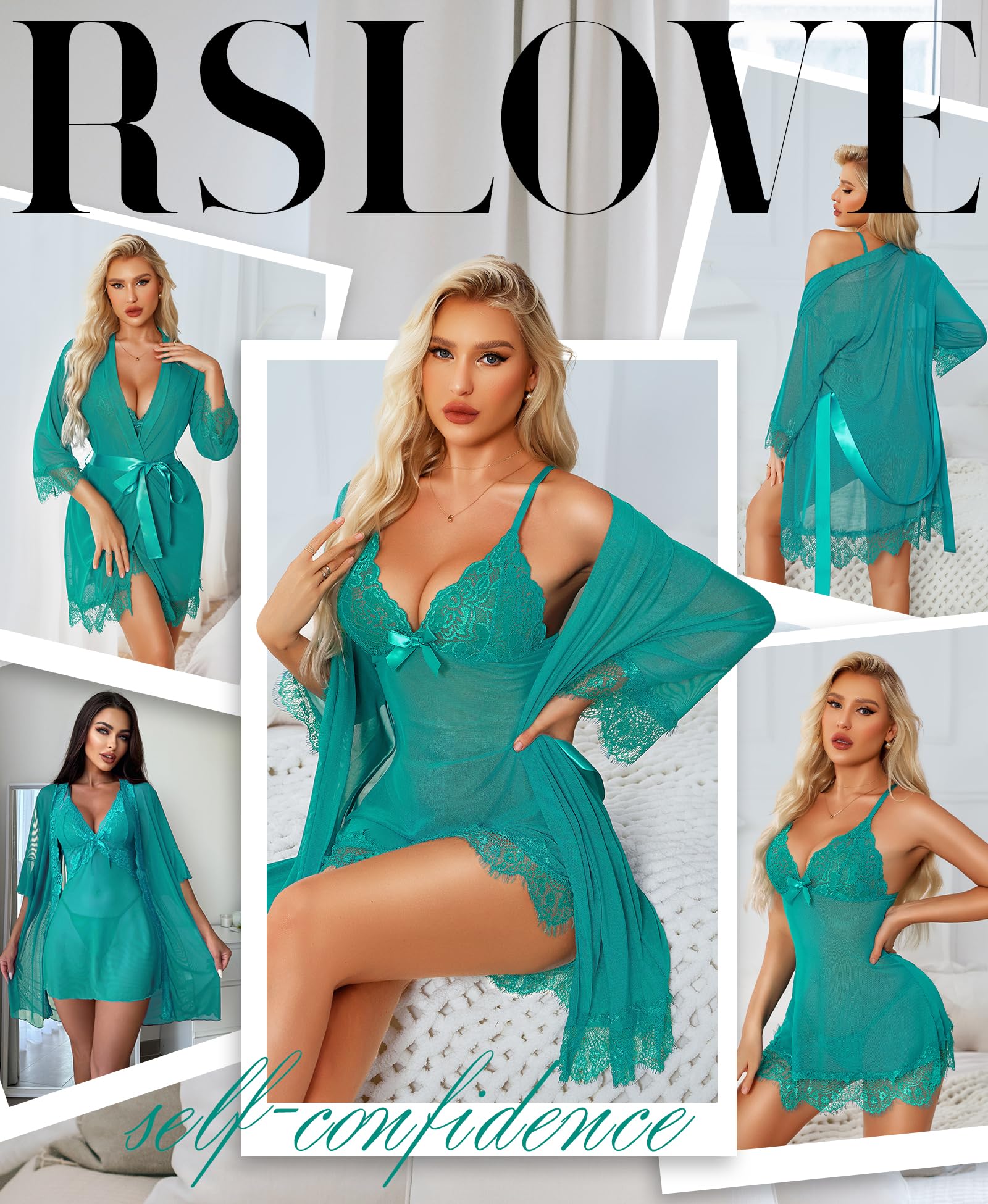 RSLOVE Women Sexy Lingerie Set 3 Piece Babydoll & Lace Kimono Robe Strap Chemise Sleepwear Mesh Nightgown: Large Blue Green