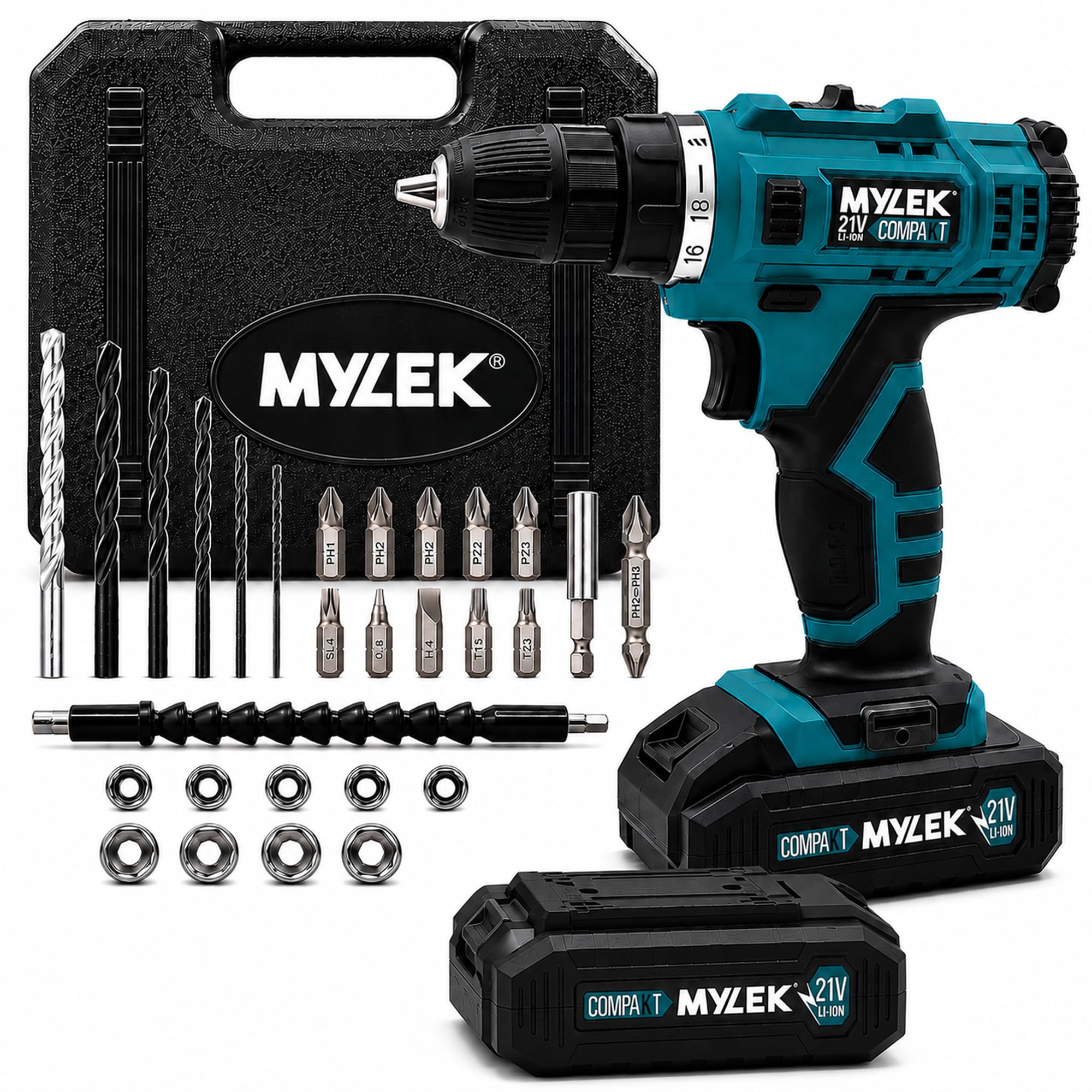 Mylek Black 21V Cordless Drill Electric Screwdriver Combi Diy Set Kit, 2 Speed, Fast Charge Li-Ion Batteries 2 Pack, Variable Speed, Lightweight, Led Light