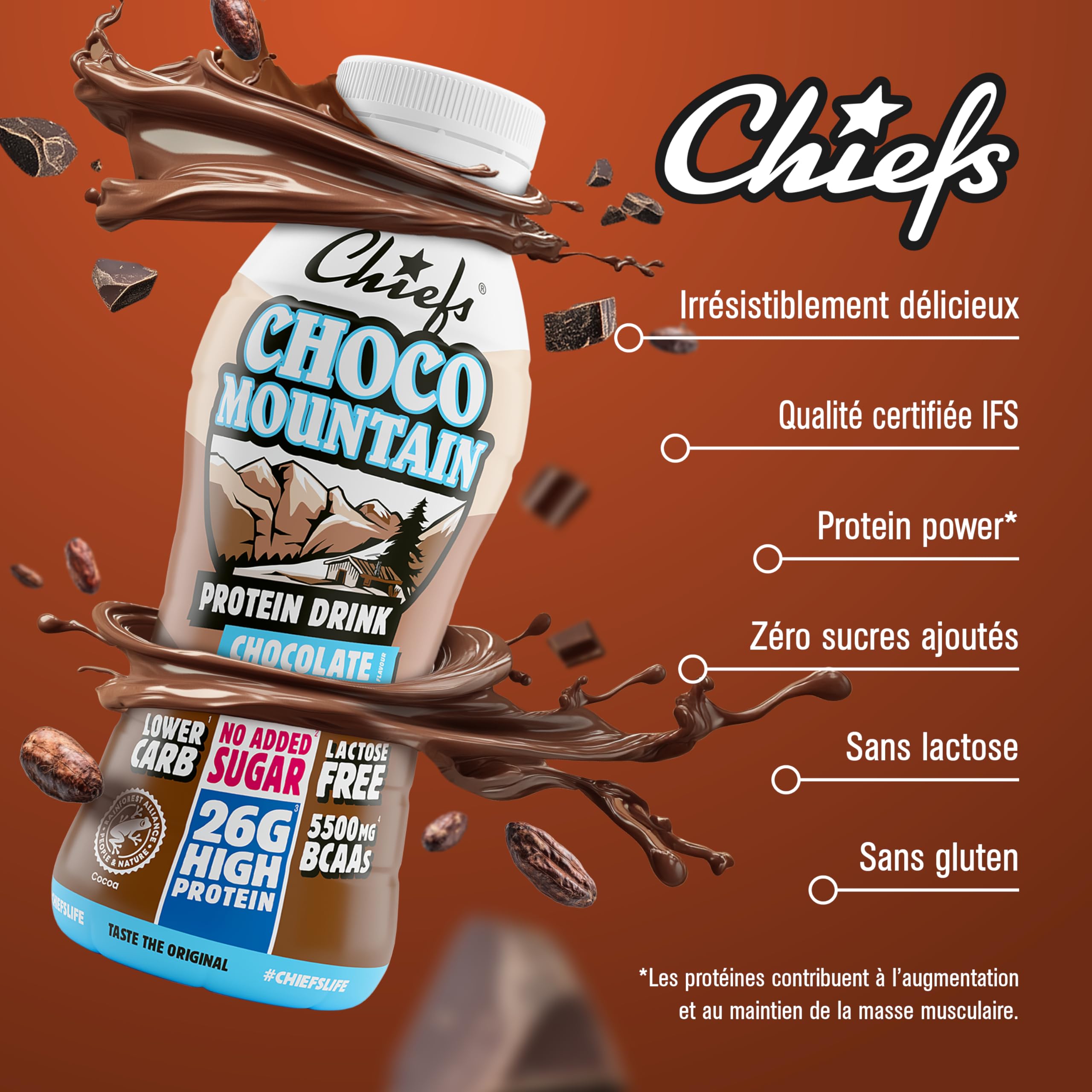 Chiefs® Milk Protein Drink avec 26 g de protéines et BCAA • Shake riche en protéines et faible en glucides, sans lactose et sans sucres ajoutés • 8 x 330 ml (Choco Mountain)