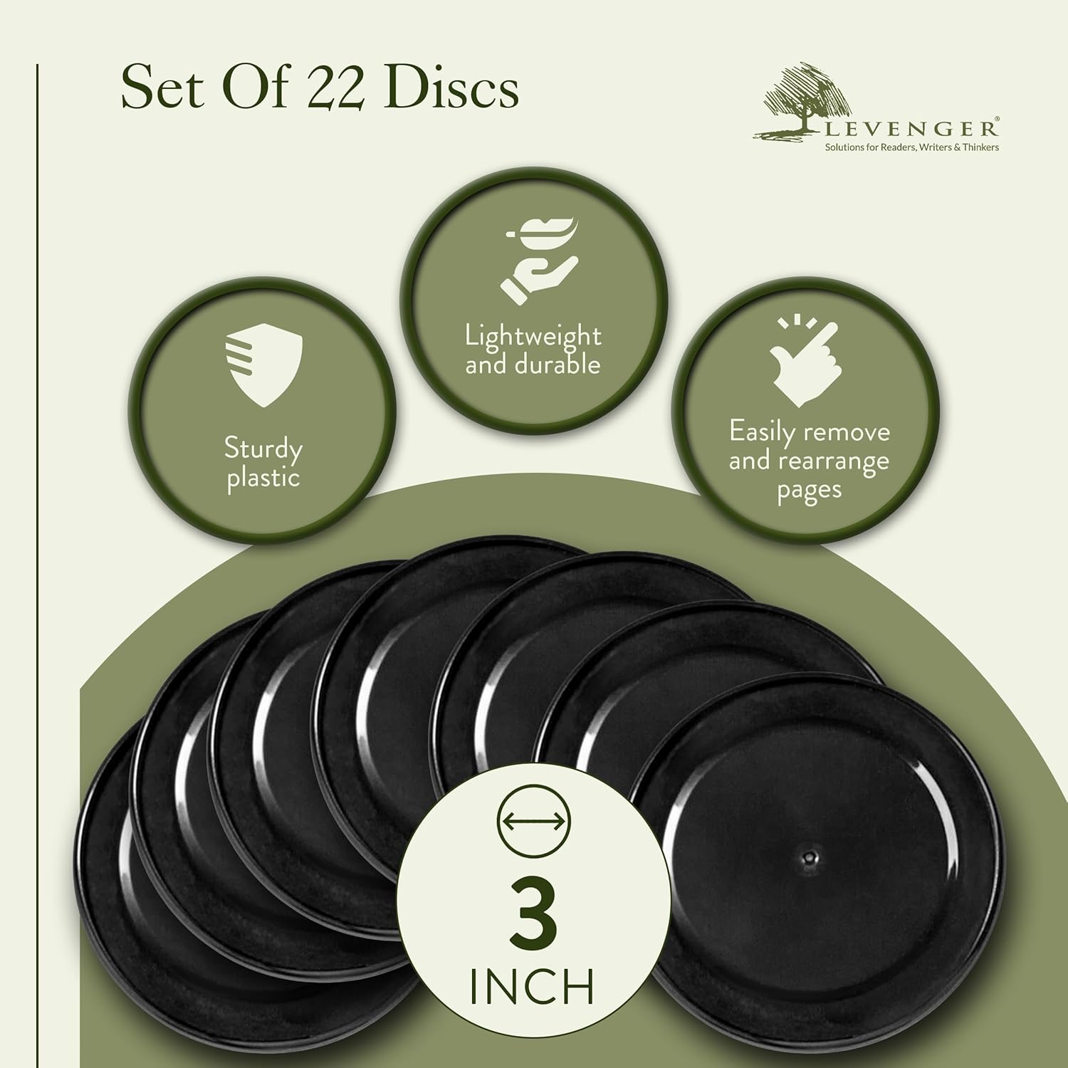 Levenger Circa Discs Binder Rings for Discbound Notebooks System, 22 Pack, Black, 3-Inch