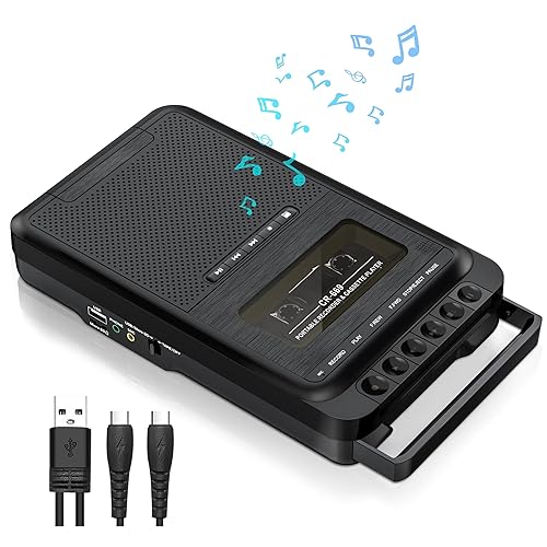 Gracioso Cassette Player Converter, Portable Cassette to MP3 Music via U Disk/SD Card or PC, Record to Cassettes/USB/SD Card via Mic,Cassette Tape Player with Headphone Jack,Retractable Handle - Black