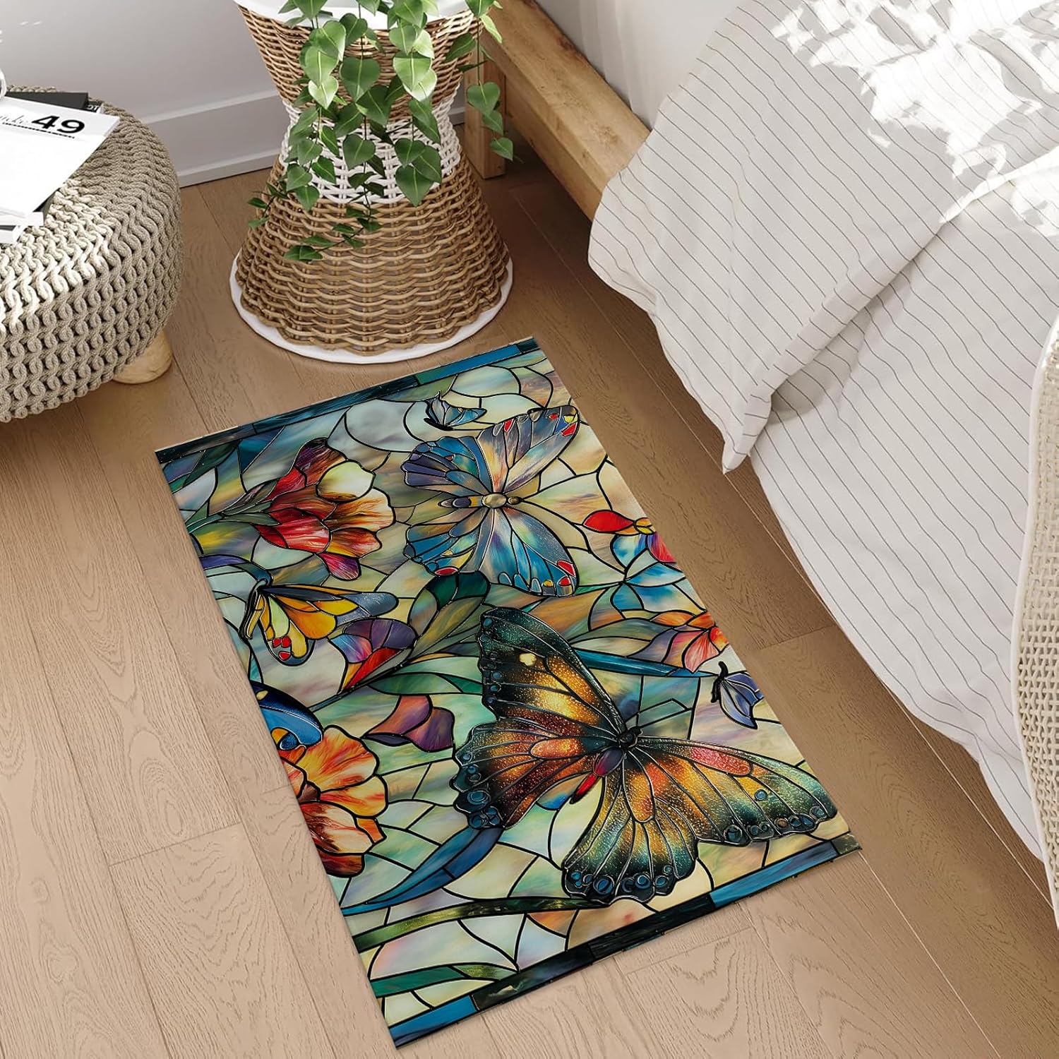 Stained Glass Butterfly Indoor Door Mat, 17x29.5 Inch, Floor Area Rug for Entryway, Living Room, or Bathroom, Non-Slip Doormat, Colorful Butterfly Home Decor Rug Gifts