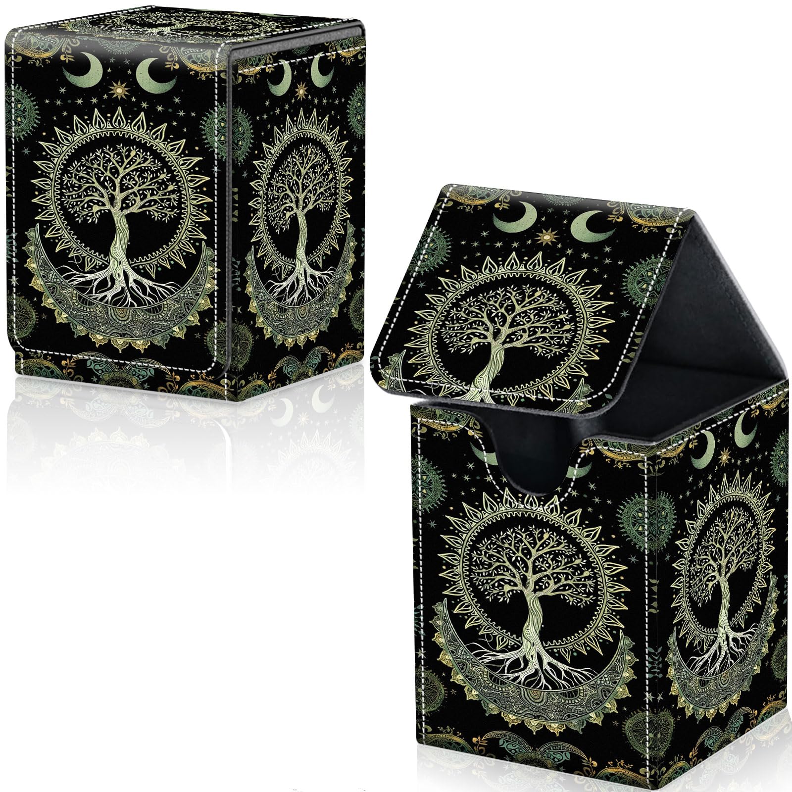 Qindaiwen Card Deck Box for Trading Cards, MTG Deck Box Fits 100+ Single Sleeved Cards, PU Leather Strong Magnet Card Deck Case Holder for Magic Commander TCG CCG, Tree with Roots