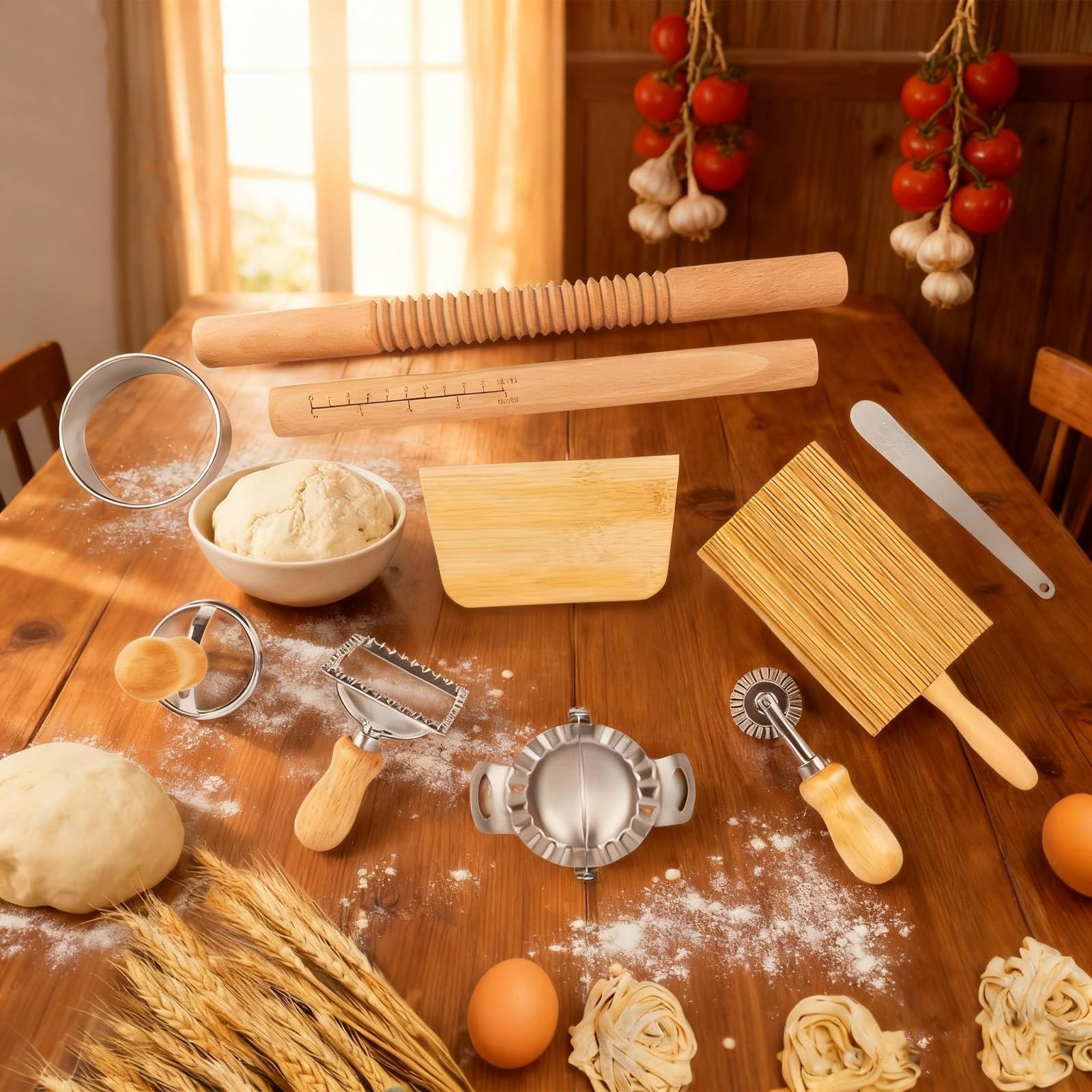 Juego de 11 herramientas para hacer pasta, kit de herramientas para hacer pasta rodillo tabla de ñoquis raspador de masa para hacer albóndigas sello de raviolis para los amantes de la repostería