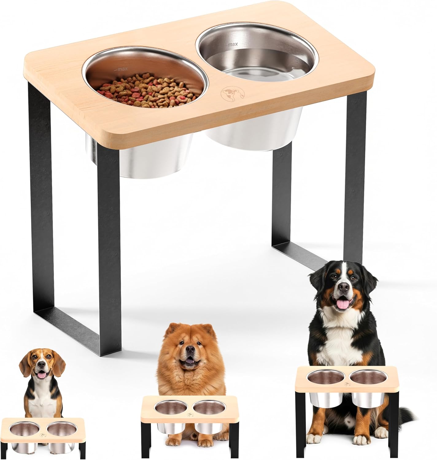 14" Tall Elevated Dog Bowls - Ergonomic Stainless Steel Dog Bowls with 10° Tilt in Bamboo Wood Stand for Tall & Large Breed