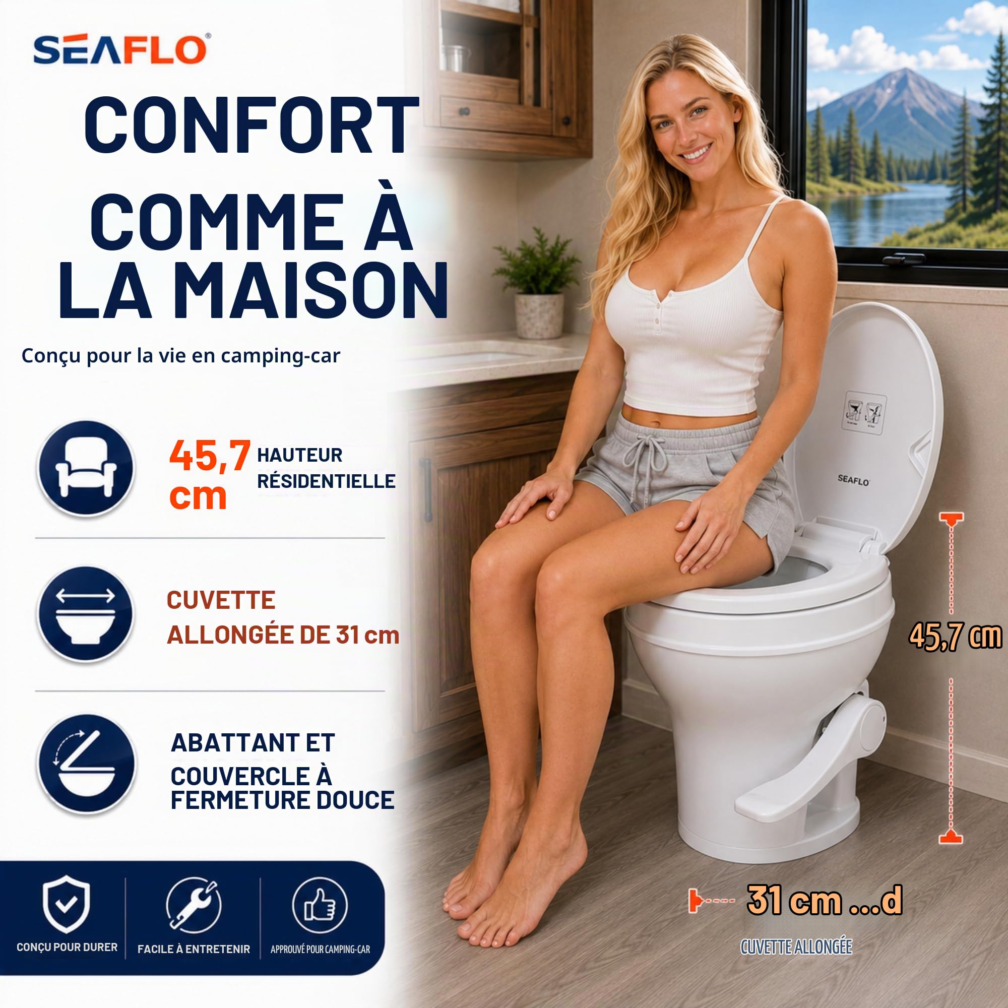 SEAFLO SFRTPH-01-01 Toilettes pour camping-car – Hauteur résidentielle de 46,7 cm, s'adapte à la plupart des véhicules récréatifs (brut de 24,1 cm), siège à fermeture amortie, support à 2 boulons