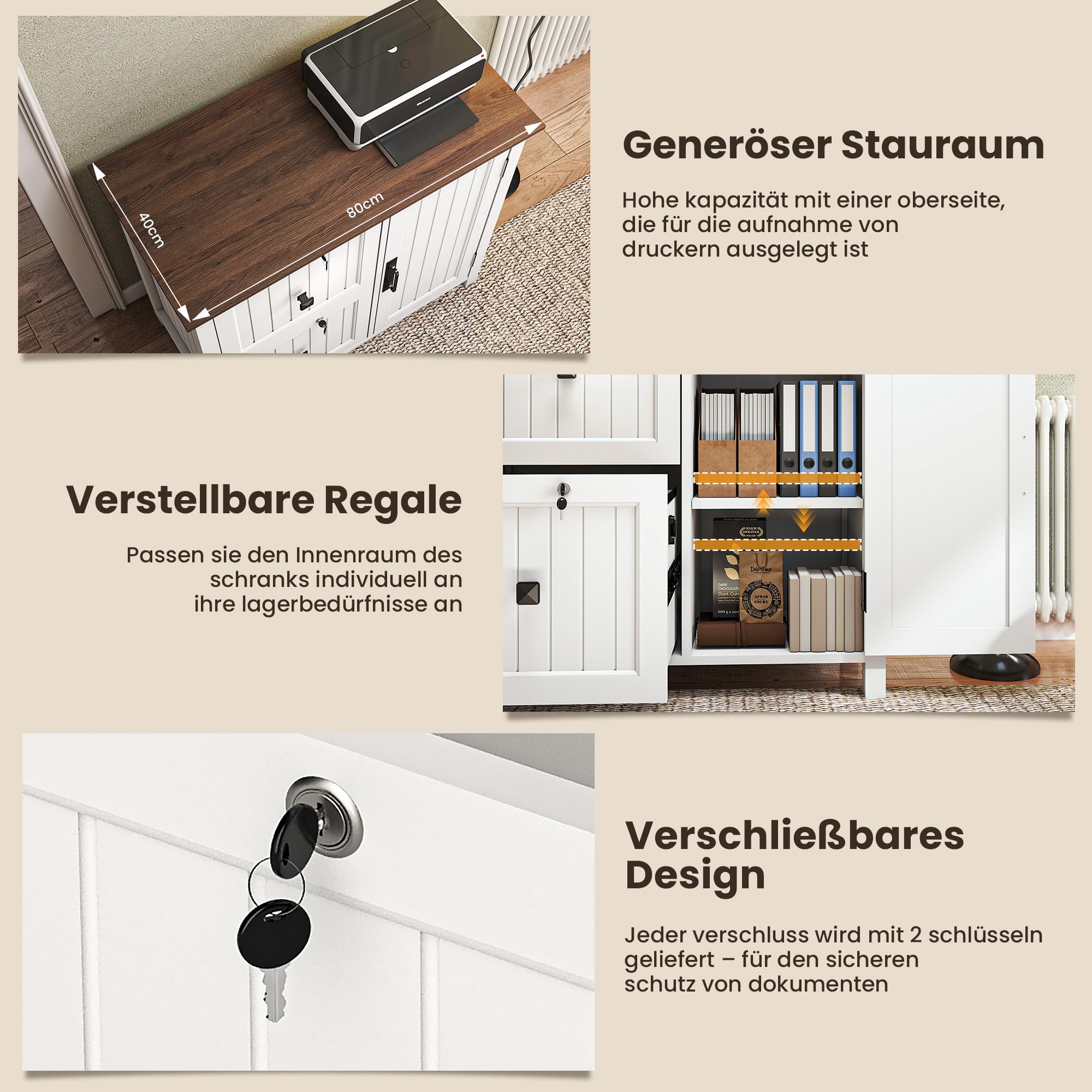 Pamapic Aktenschrank Holz Abschließbar mit 2 Schubladen, Büroschrank für Formate Letter/Legal/A4, Büromöbel mit Verstellbaren Einlegeböden & 1 Großer Schrank, Druckerständer, Weiß