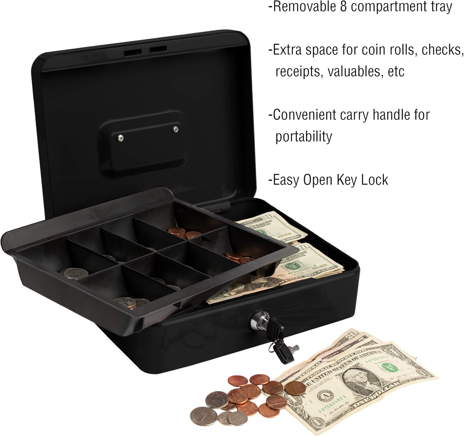 Stalwart Cash Box – Locking Steel Petty Cash Safe with Removable Coin Tray and Key Entry for Yard Sales, Markets and Concession Stands (Black) : Everything Else
