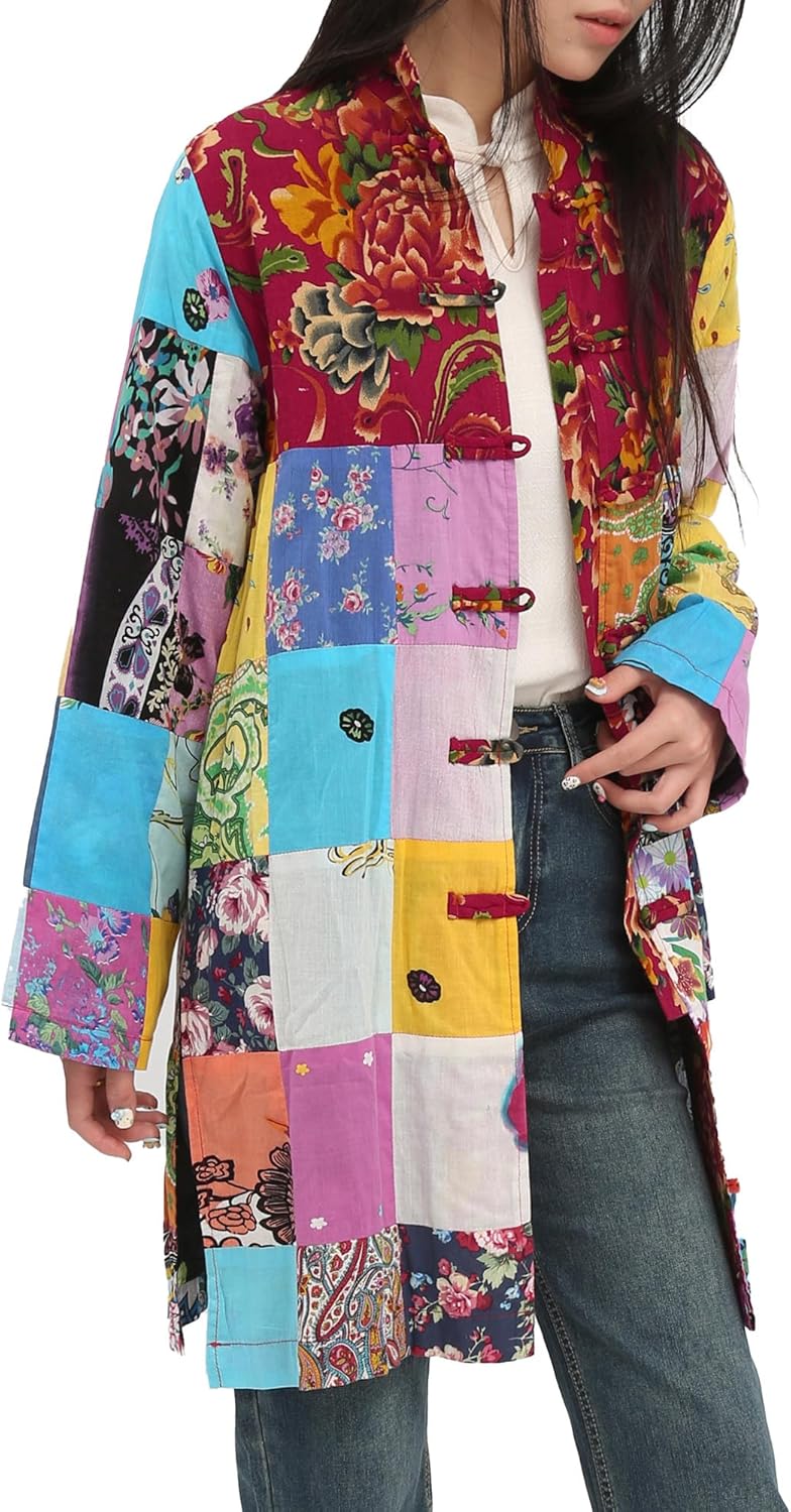 FioraMosaic Women's Patchwork Jacket, Boho Floral Lightweight Spring Fall Coat, Artistic Vintage Bohemian Outerwear
