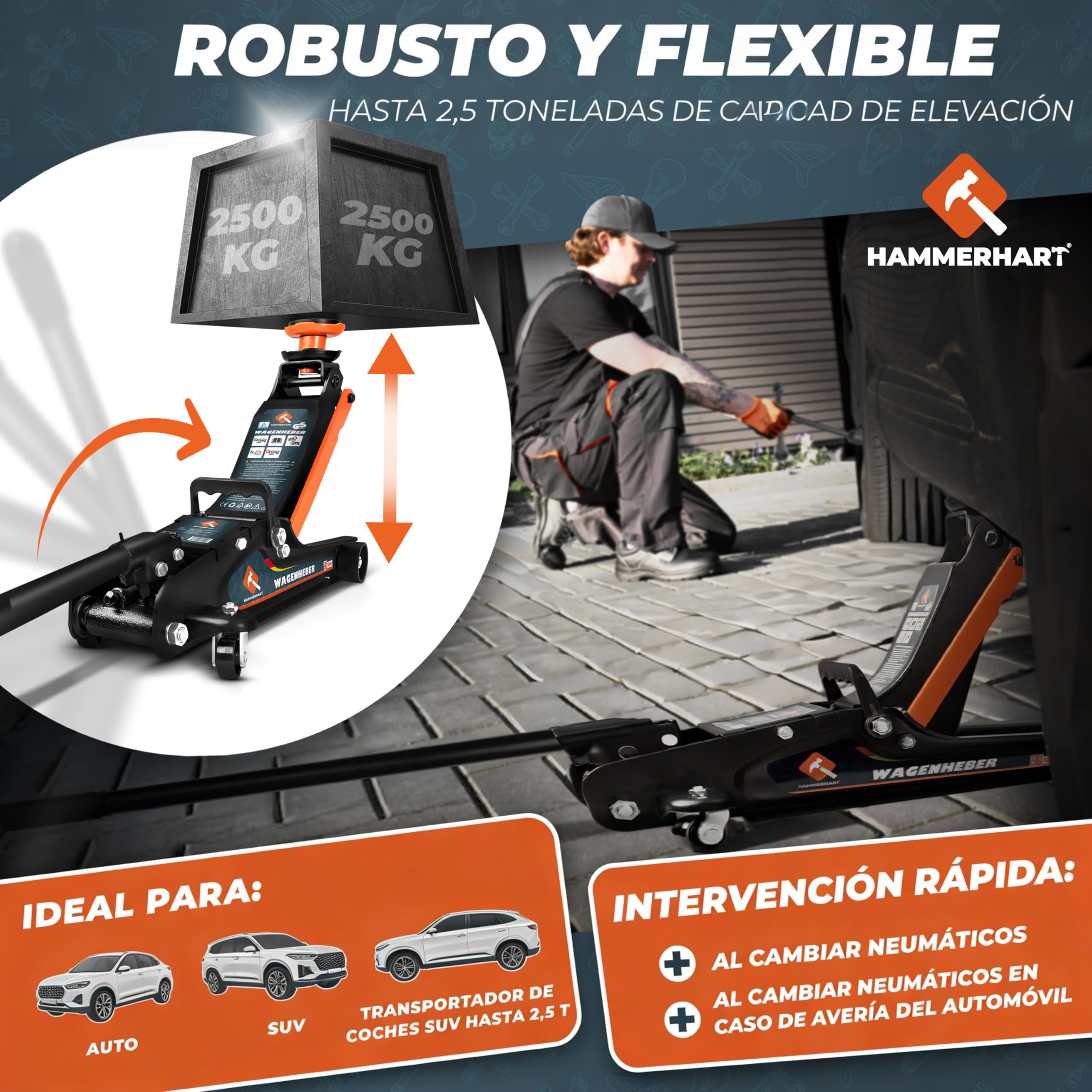 Gato hidraulico para coche 2,5 T | Gato coche maniobra premium homologado TÜV Altura de elevación 85-384 mm | Gato hidráulico plano con ruedas de 360° y pistón doble - Gato de 2,5 toneladas con almoha