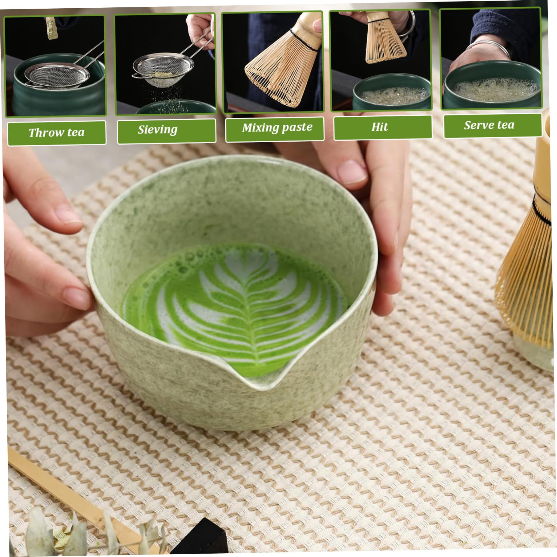 Juego de batidor Matcha, juego reutilizable de batidor Matcha de cerámica, elegante kit que incluye cuenco con pico, soporte, bambú y cuchara de bambú para los amantes del té