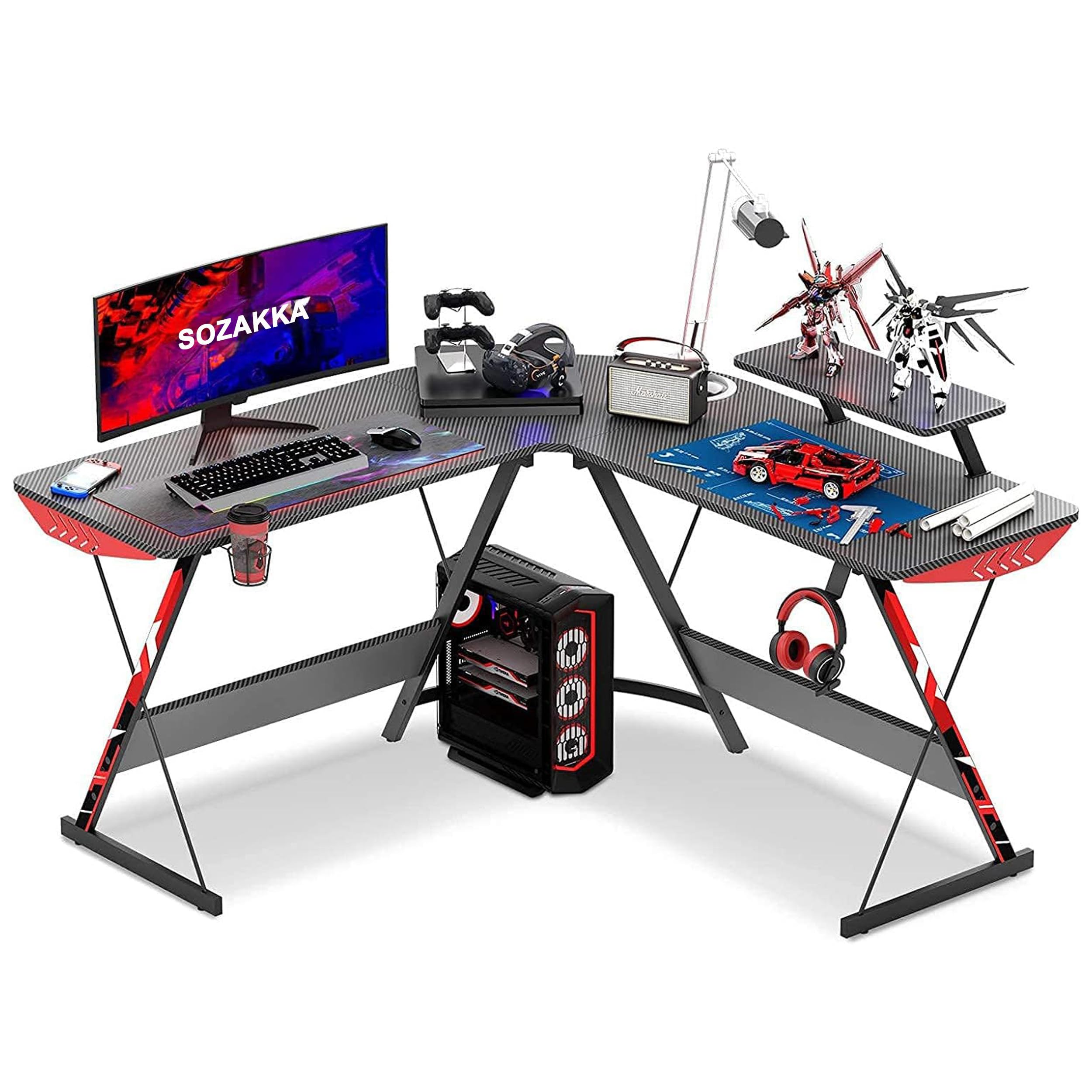 SOZAKKA L Shaped Gaming Desk 130cm L Shaped Desk, Carbon Fiber, Computer Corner Desk with Large Monitor Riser Stand for Home Office, Gaming Desk with Shelf