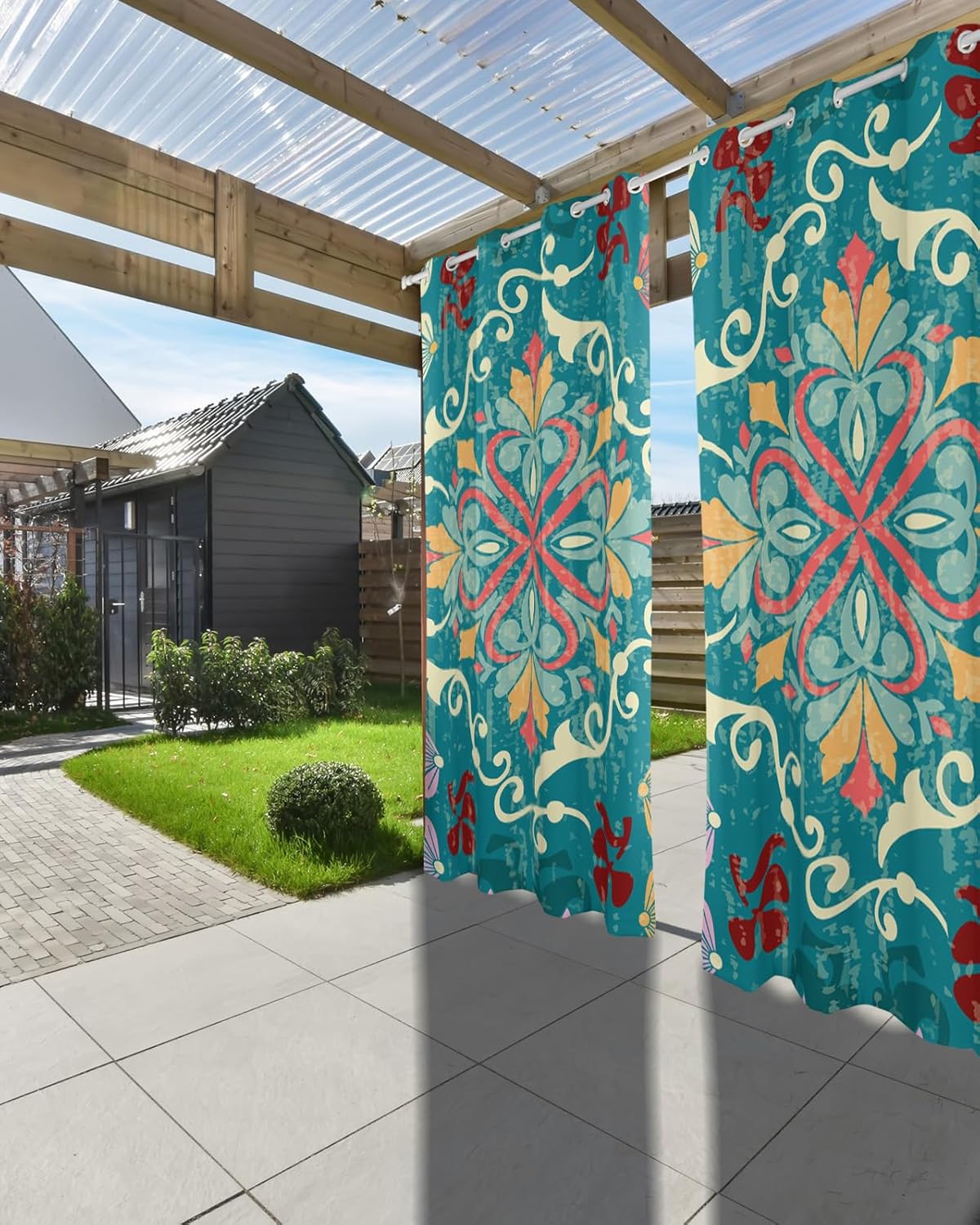 Boho Teal Outdoor Curtains for Patio, Waterproof Porch Curtain, Colorful Vintage Turkish Pattern Modern Geometric Grommet Privacy Drapes Curtains for Cabana, Deck, 2 Panel, 54" x 84" x 2