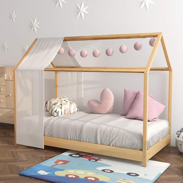 Panana Wooden Kids House Bed Frame, Solid Pine WoodTreehouse Style Childrens Floor Bed Frame for Toddlers and Children (Wood)
