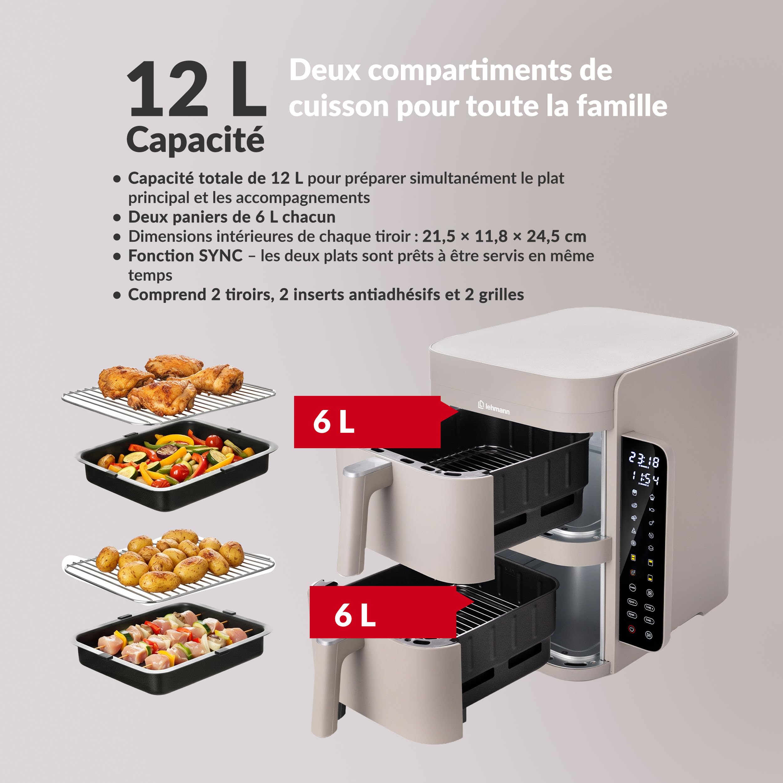 LEHMANN Double Zone Air Fryer XXL 12L, Friteuse sans Huile Verticale à Double Tiroir, 10 Programmes, 40-230°C, Écran Tactile, Revêtement Antiadhésif, pour Grande Famille 2800 W