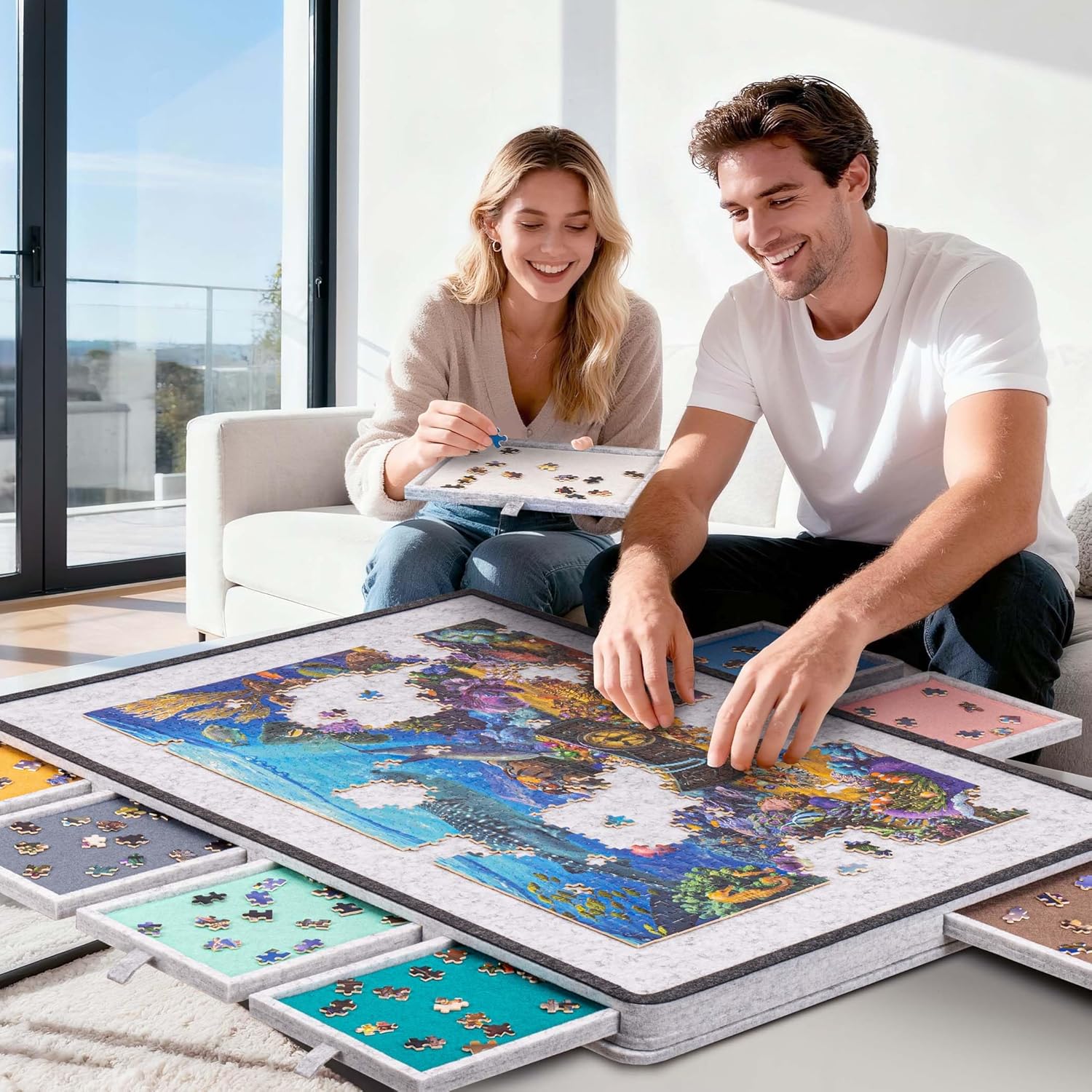 Becko US Tilting Puzzle Board with 2-in-1 Designed Stand & Cover, Lightweight Felt Storage Case with 8 Drawers for Adults, Portable Jigsaw Puzzle Table for Games Up to 1500 Pieces