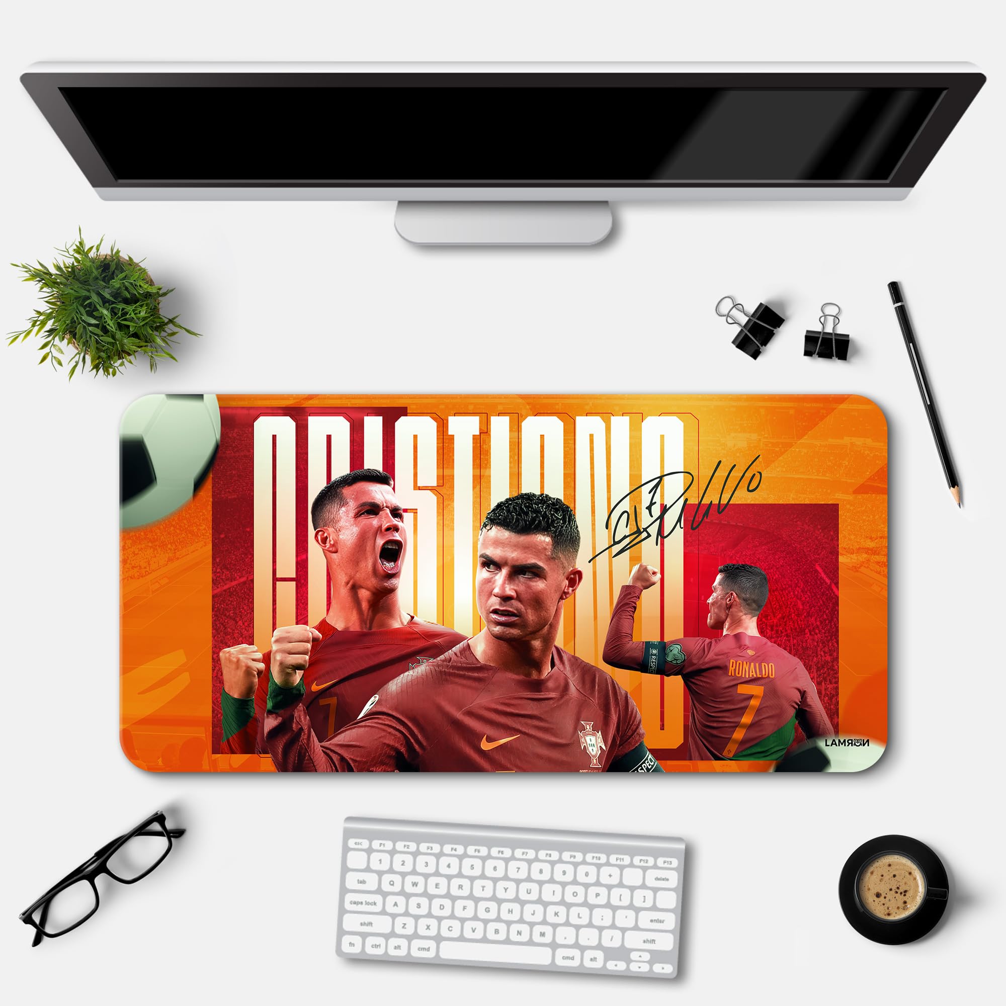 Lamron Ronaldo Portugal Football with Signature Printed Desk Mat | Deskpad | Laptop Mat for Work from Home | Gaming Anime Art Mouse Pad | Computer Table Mat | Deskpad for Office Table (11 x 23 Inch) (B0D2P1XYW6) Amazon Price History, Amazon Price Tracker