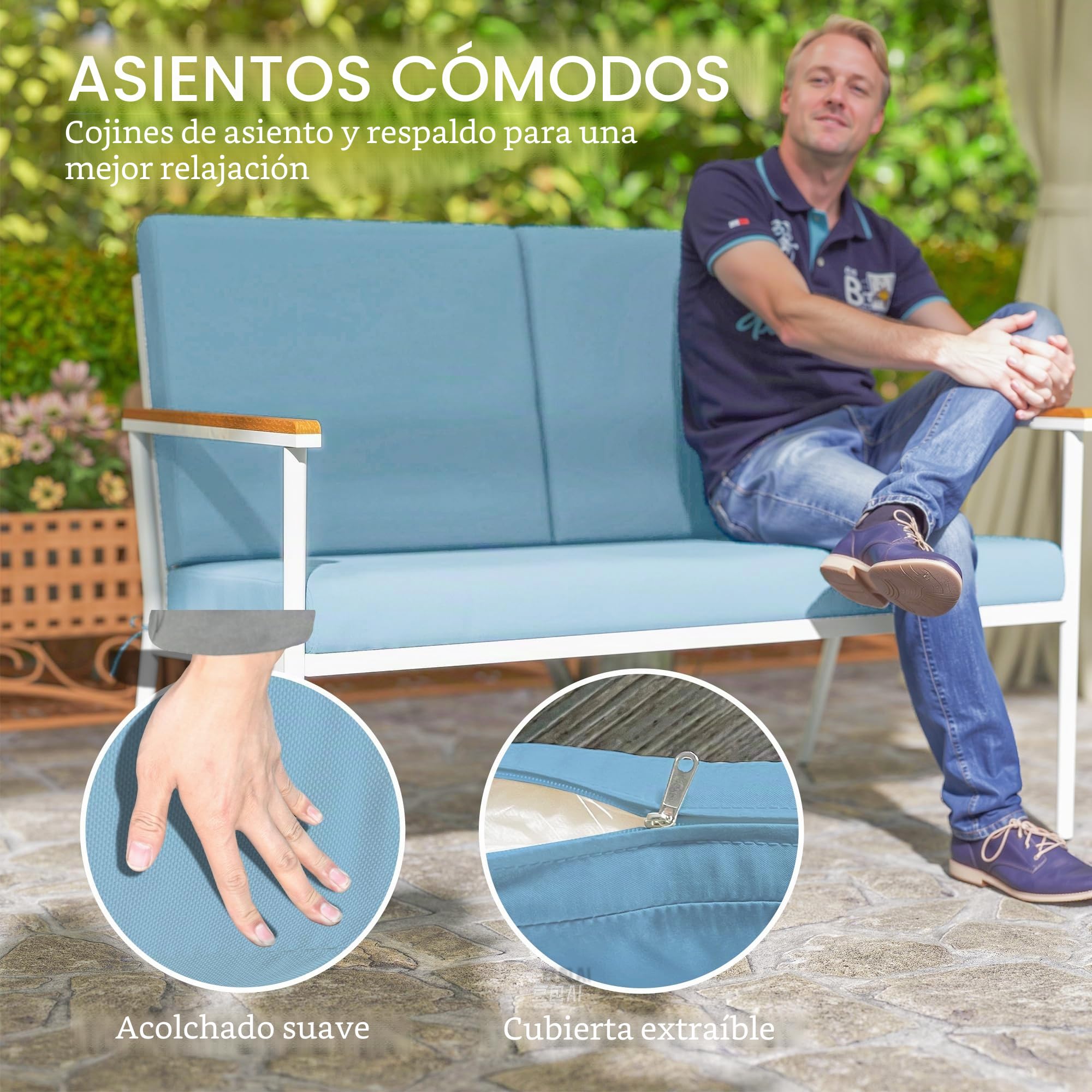 Outsunny Exterior Set de Jardín y Balcón 4 Personas Azul Claro | 5 piezas: sofá, 2 sillones, 2 mesas de café de vidrio templado, cojines incluidos, muebles de jardín para patio, terraza