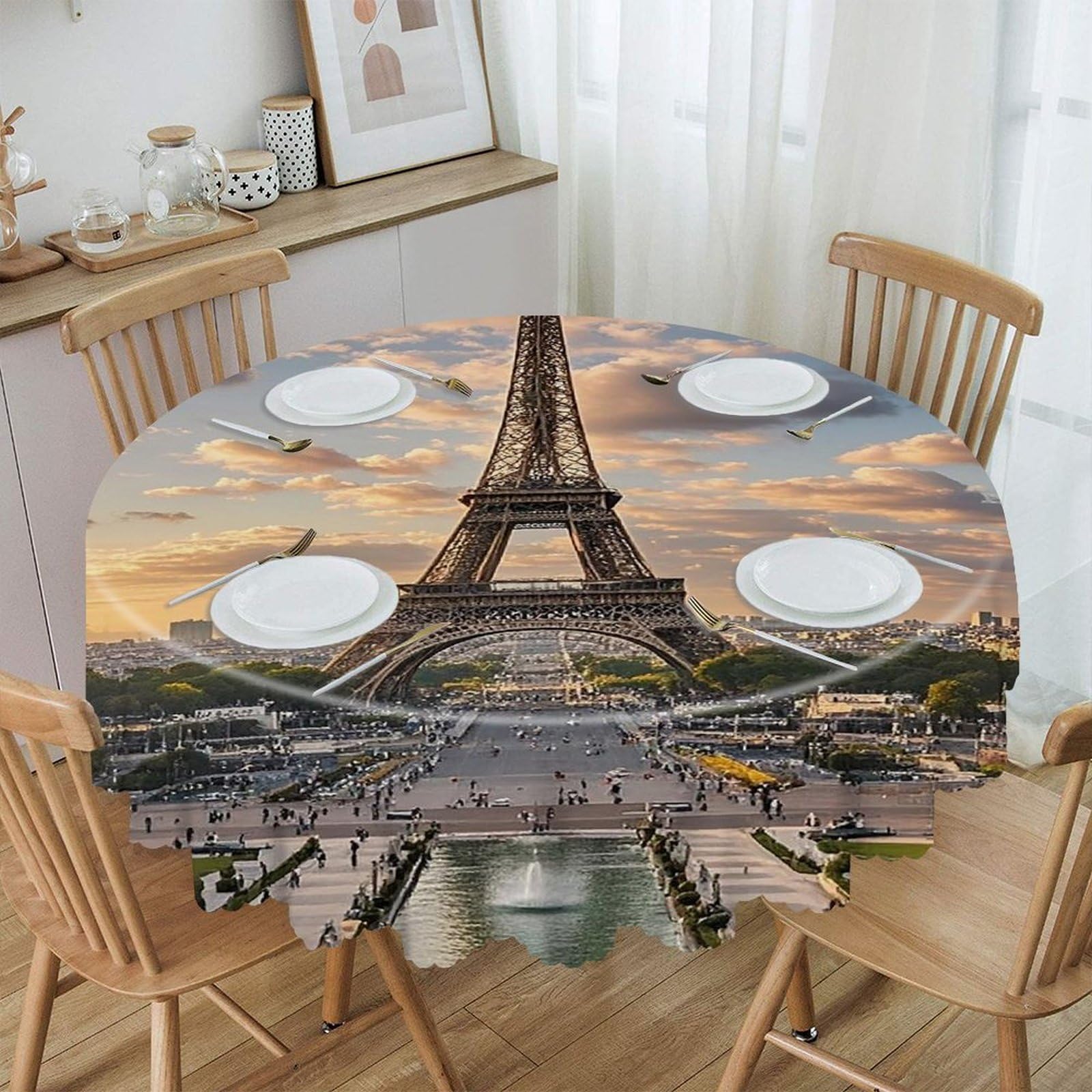 FekiLoot 60 Inch Round French Paris Tour Eiffel Tower Tablecloth Waterproof Heavy Duty Polyester Table Cloth Spill-Proof Wipeable Table Cover Decorative Circle Dining Tablecover for Party Outdoor