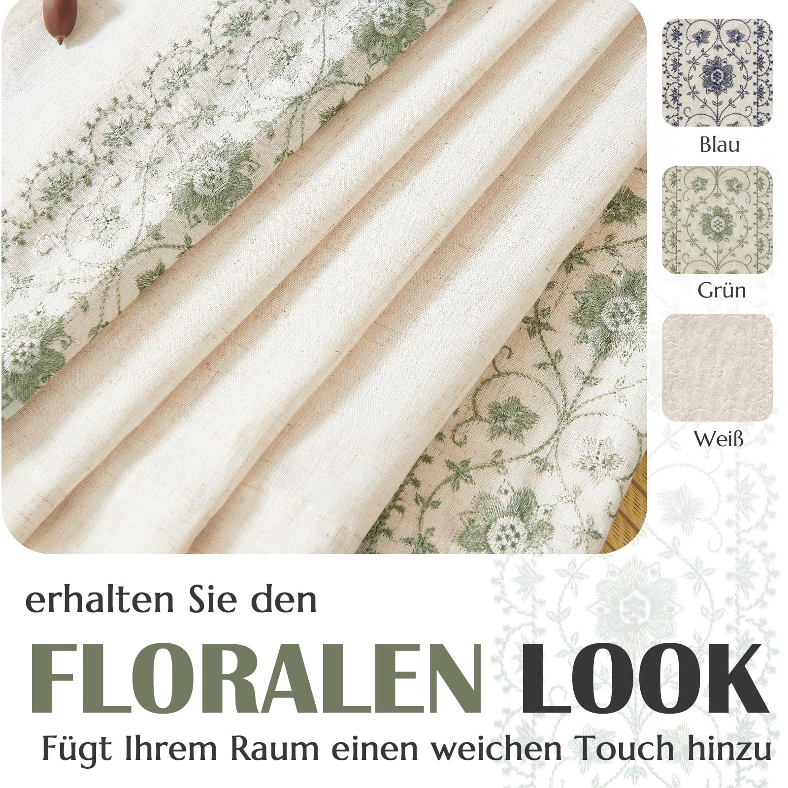Vangao Gardinen Wohnzimmer mit Stickerei 140B x 245Hcm 2er Set Grün Beige | Boho Vintage Landhausstil Vorhänge mit Verdeckten Schlaufen Leinenoptik Lichtdurchlässig, Vorhang Schlafzimmer Kinderzimmer