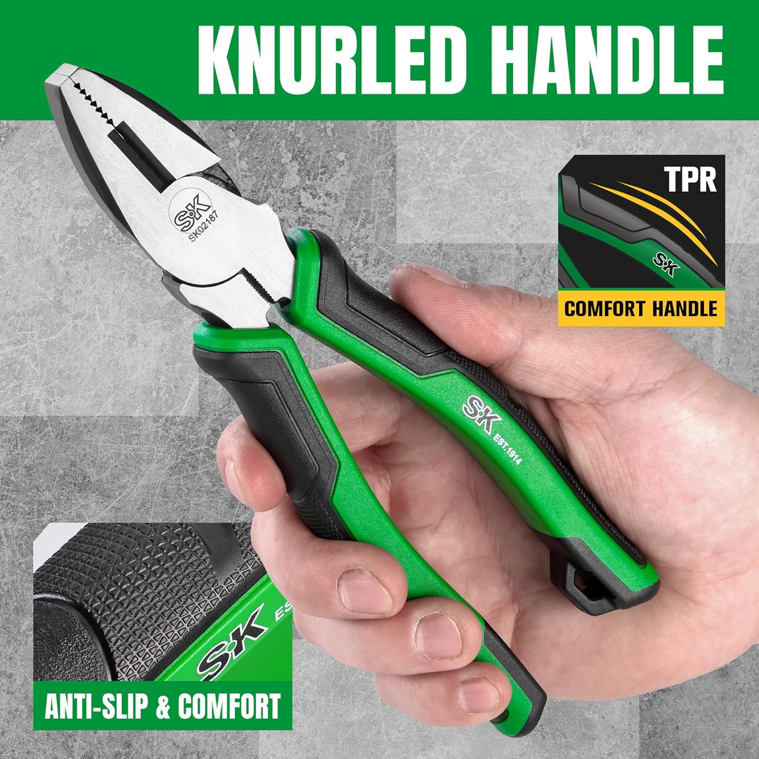 SK 7-Inch Linesman Pliers, High Carbon Steel, Ergonomic Anti-slip Handle for Comfortable Grip
