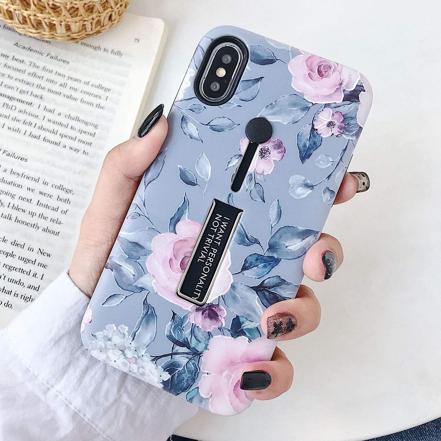 Compatible with iPhone X/XS Case Finger Grip,3D Embossed Pink Flowers White Shell Design,Rugged Shockproof Slim Fit Dual Layer Finger Ring Loop Strap Case,Invisible Bracket Phone case (Blue)