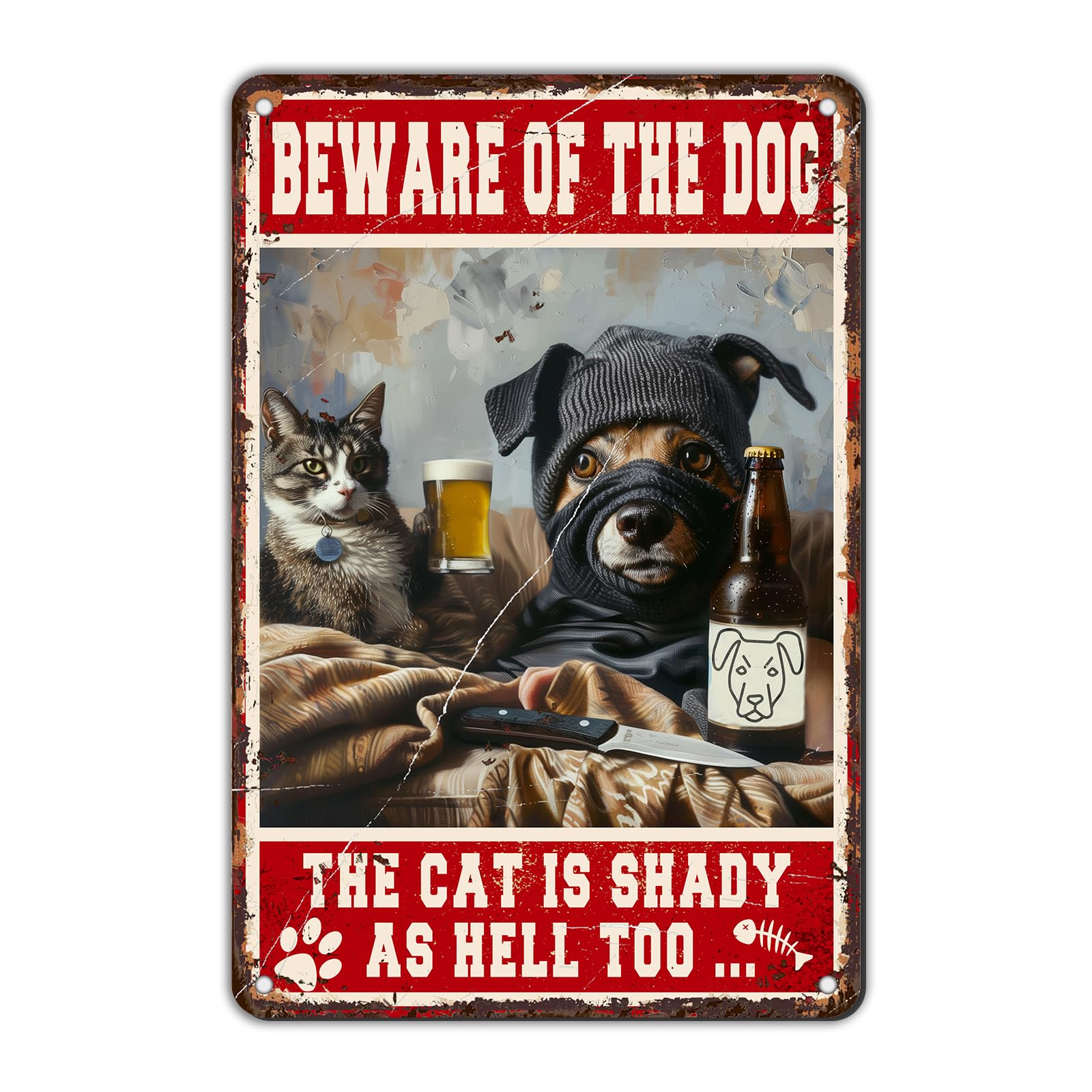 Anceky Beware Of The Dog The Cat Is Shady Too Cat Metal Sign Retro Tin Sign Funny Wall Decor for Home Farmhouse Bar Cafe Bedroom 12×8 Inch