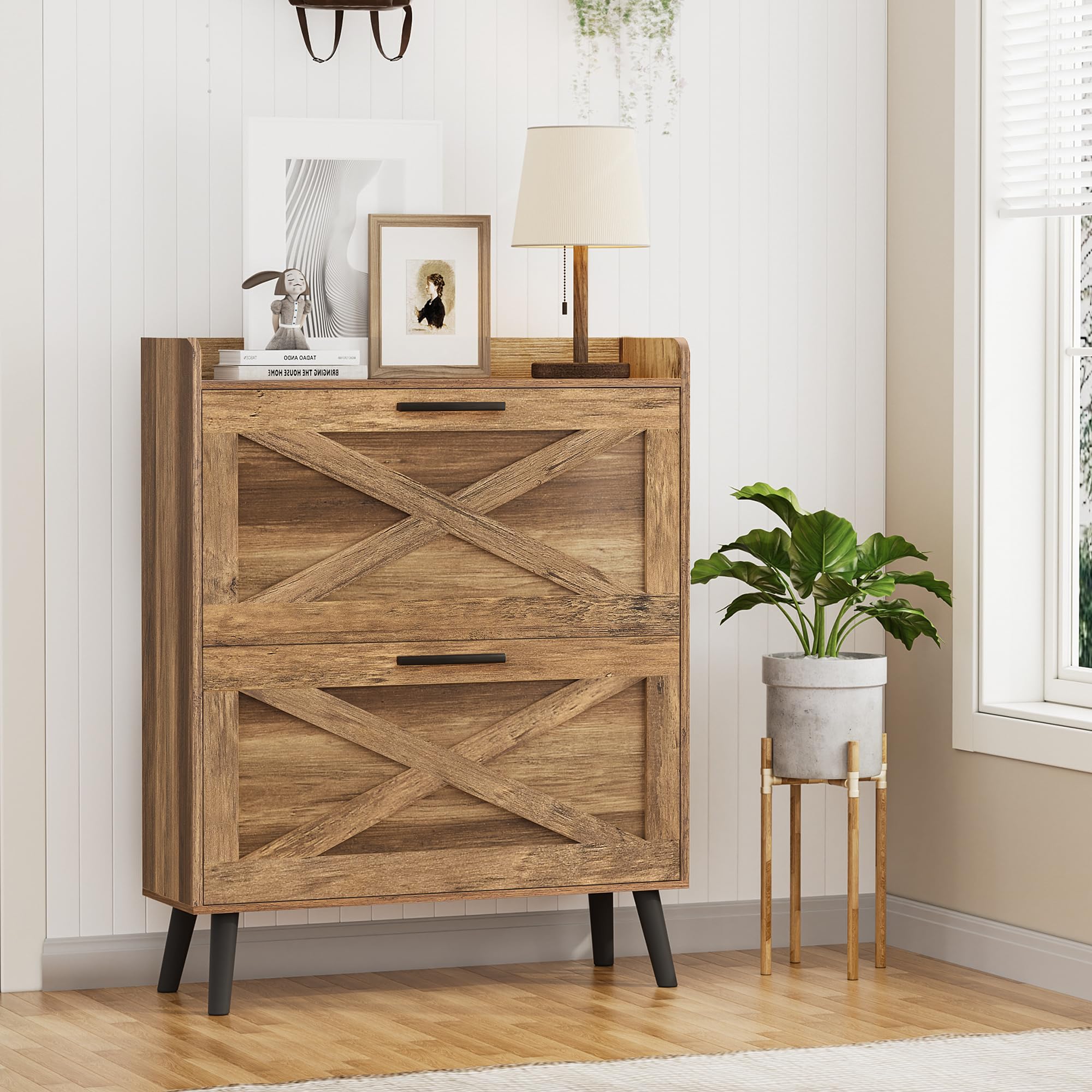 Shoe Rack For Front Door Entrance Homhougo Fluted Shoe Storage Cabinet With 4 Flip Drawers, Narrow Wooden Shoe Organizer With Metal Legs, Modern Farmhouse Hidden Shoe Rack ,White + Oak Flip Drawer