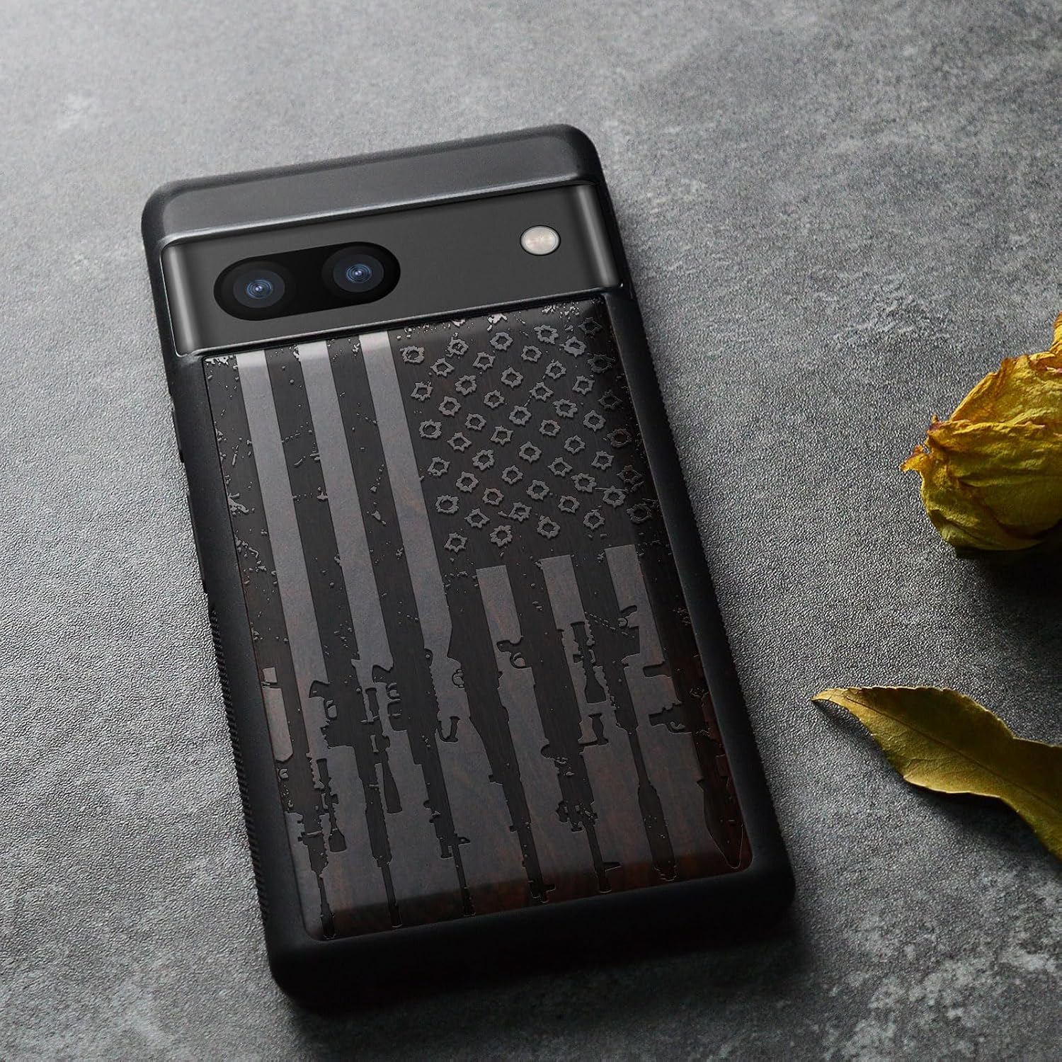 Carveit Wood Case for Pixel 8a Case [Natural Wood & Black Soft TPU] Shockproof Protective Unique Wooden Cover Compatible with Google Pixel 8a (Silent Rebellion: Flag of Firearms-Blackwood)