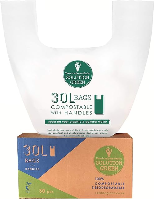 Solution Green 30L - 30pcs Biodegradable Bin Bags with Tie Handles | Compostable Bin Liners EN13432 Certified | Tie Top Eco-Friendly 30 Litre Bags | Food Caddy Liners Kitchen