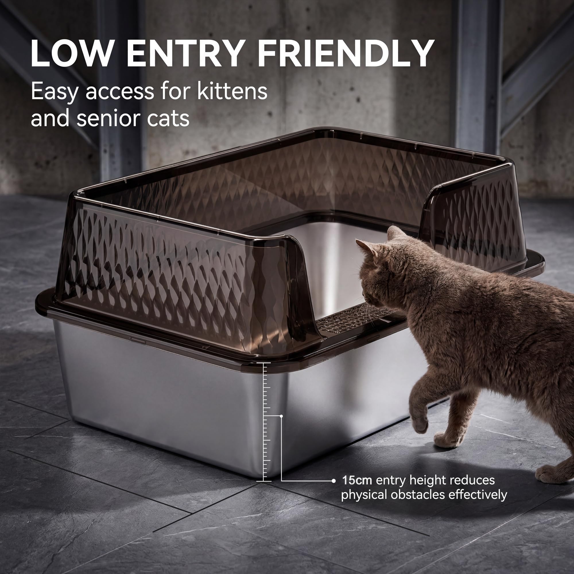 Suhaco Edelstahl Katzenklo mit Deckel Matte und Schaufel für katzentoilette Hohe Seiten XL Leicht Zu Reinigen Große Streukasten (XL,Schwarz)