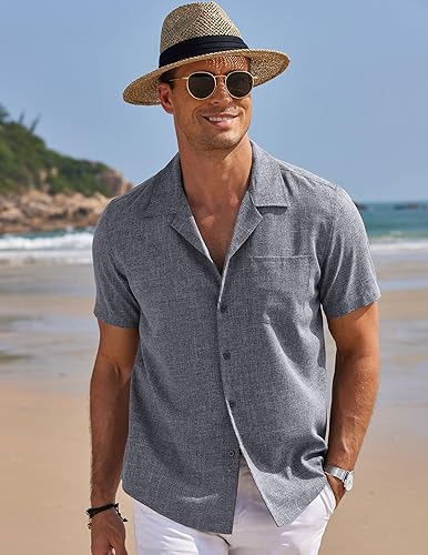 Miniatura 2 de COOFANDY Men Linen Shirts Beach Cuban Collar Shirts Summer Wedding Shirts Vacation Holiday